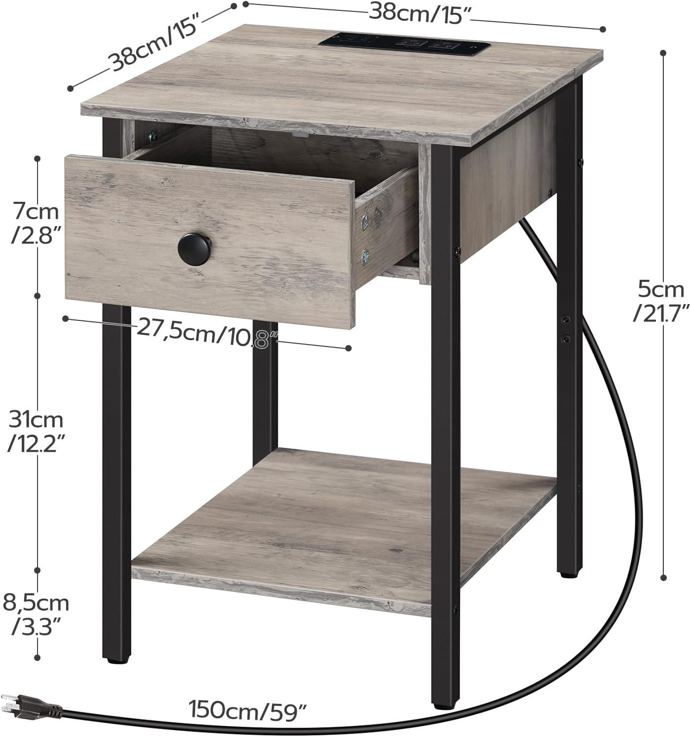 Greige and Black Nightstands with Charging Station and Drawer