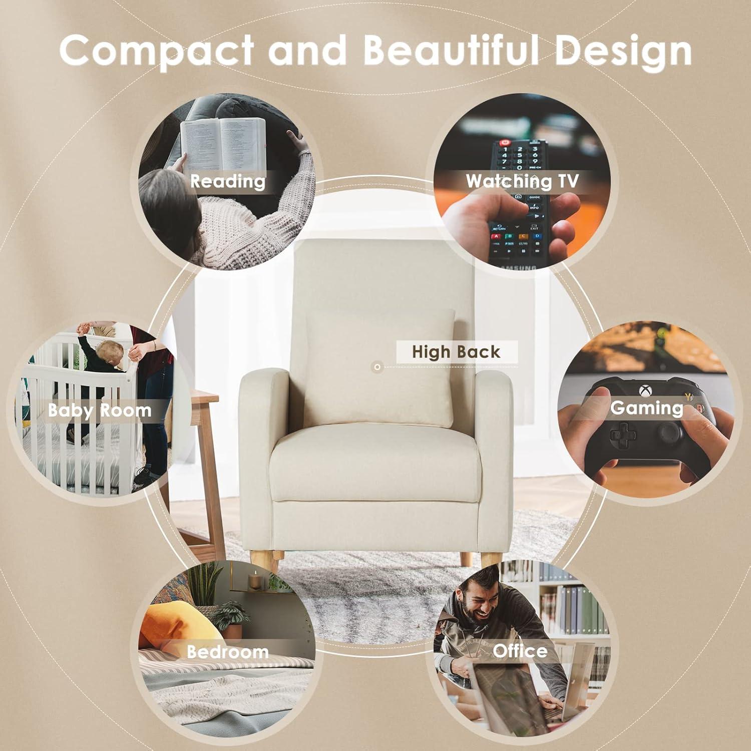 Latitude Run® Modern Upholstered Armchair with Pillows, Fabric Reading Living Room Side Chair, Single Sofa with Lounge Seat and Wooden Legs,...