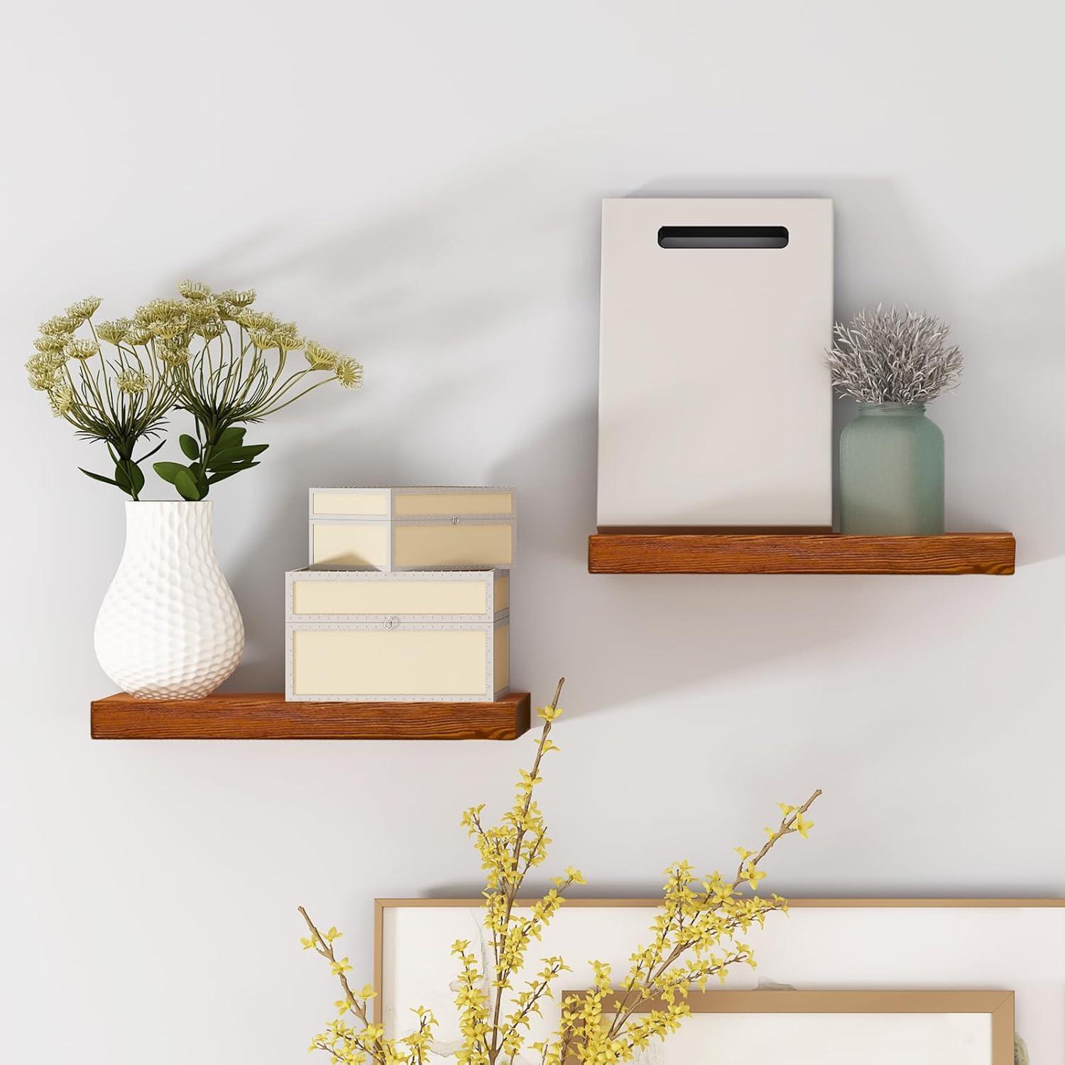 WELLAND Bradley Handmade Wood Floating Shelves Rustic Wall-Mounted Shelves, Set of 2, Walnut Finish