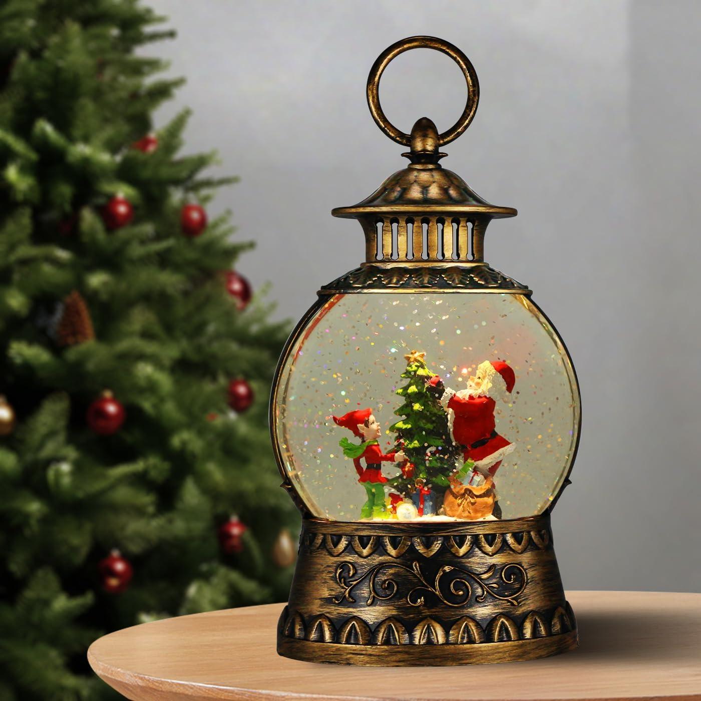 Vintage Brass Musical Santa Christmas Snow Globe Lantern