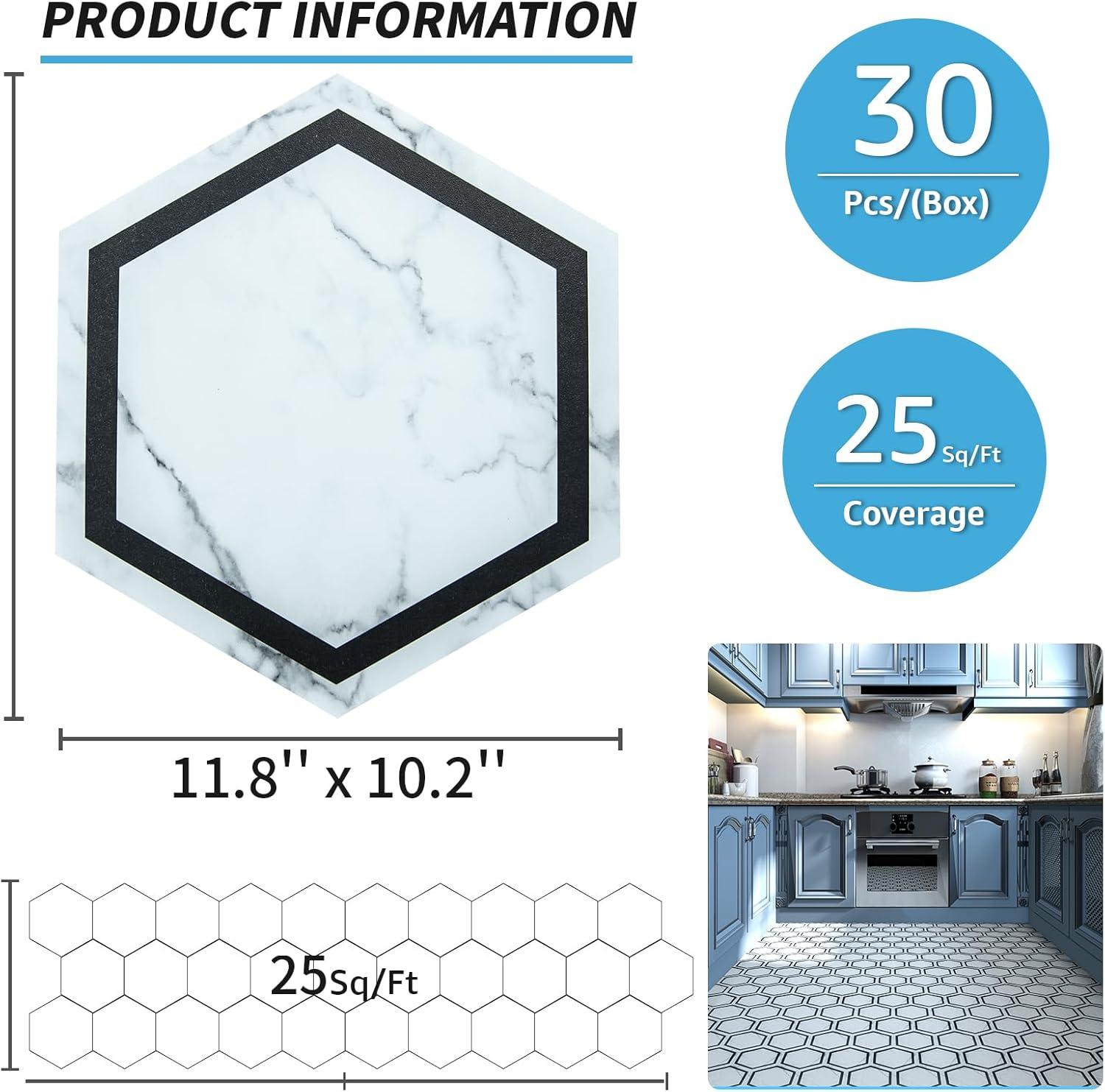 Hexagon White Marble Self-Adhesive Vinyl Floor Tiles