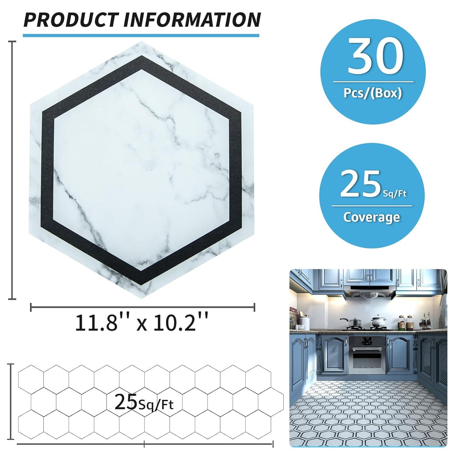 Hexagon White Marble Self-Adhesive Vinyl Floor Tiles