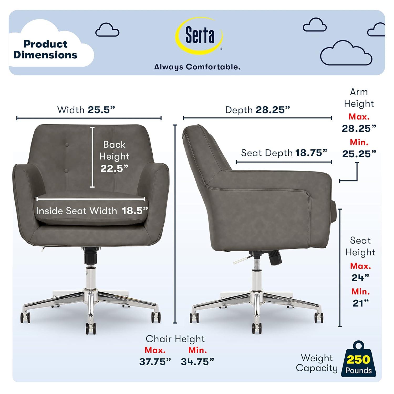 Style Ashland Home Office Chair Gathering Gray - Serta: Mid-Century, Tufted, Computer Chair