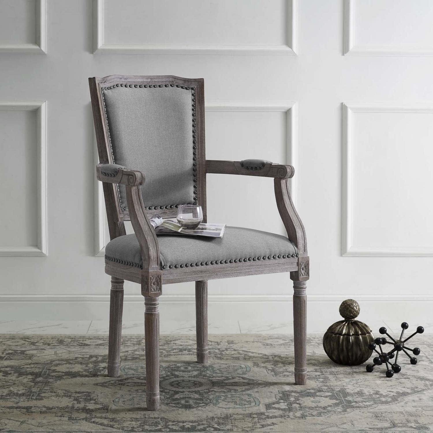 Elegant Vintage French Light Gray Upholstered Wood Armchair