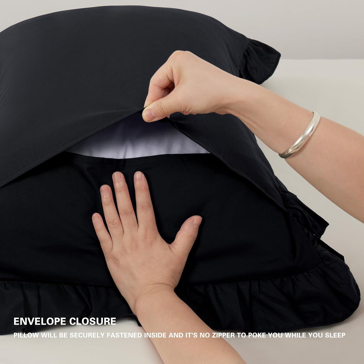 Grace Linen Ruffle Pillow Shams Standard Size Set of 2, 20X26 - Microfiber Soft & Breathable & smooth - Ruffle Pillowcases 20X26 - Black