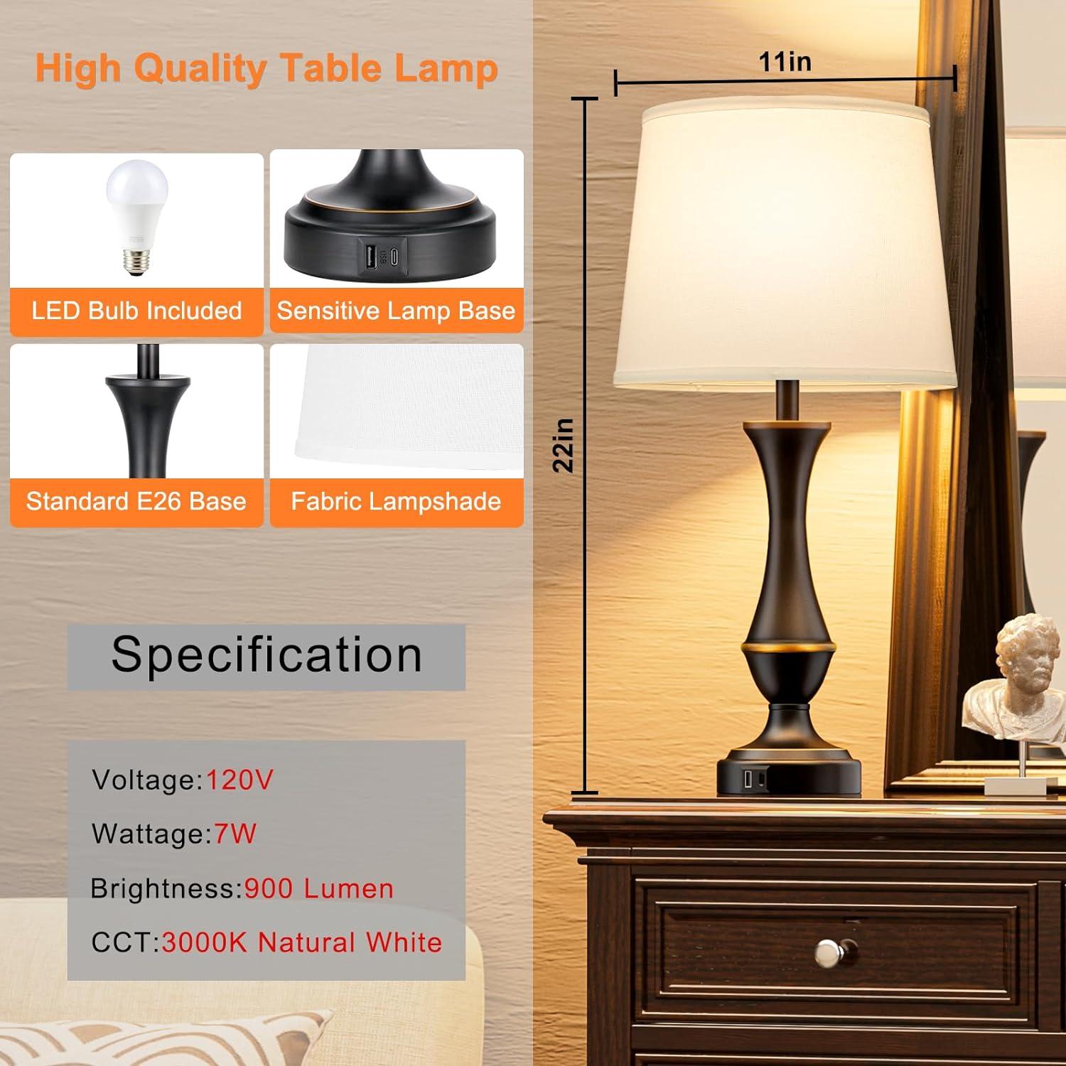 Set of 2 Black Metal Touch Control Table Lamps with Beige Linen Shades