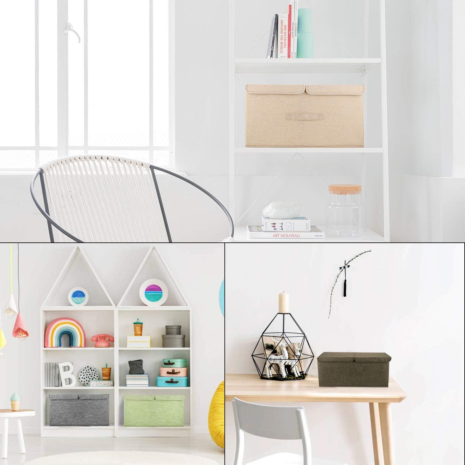 2 Pack Storage Boxes with Lids and Handles, Collapsible Linen Storage Bins Organizer Containers Baskets Cube with Removable Divider for Home Bedroom Closet Office (Cream, Large)