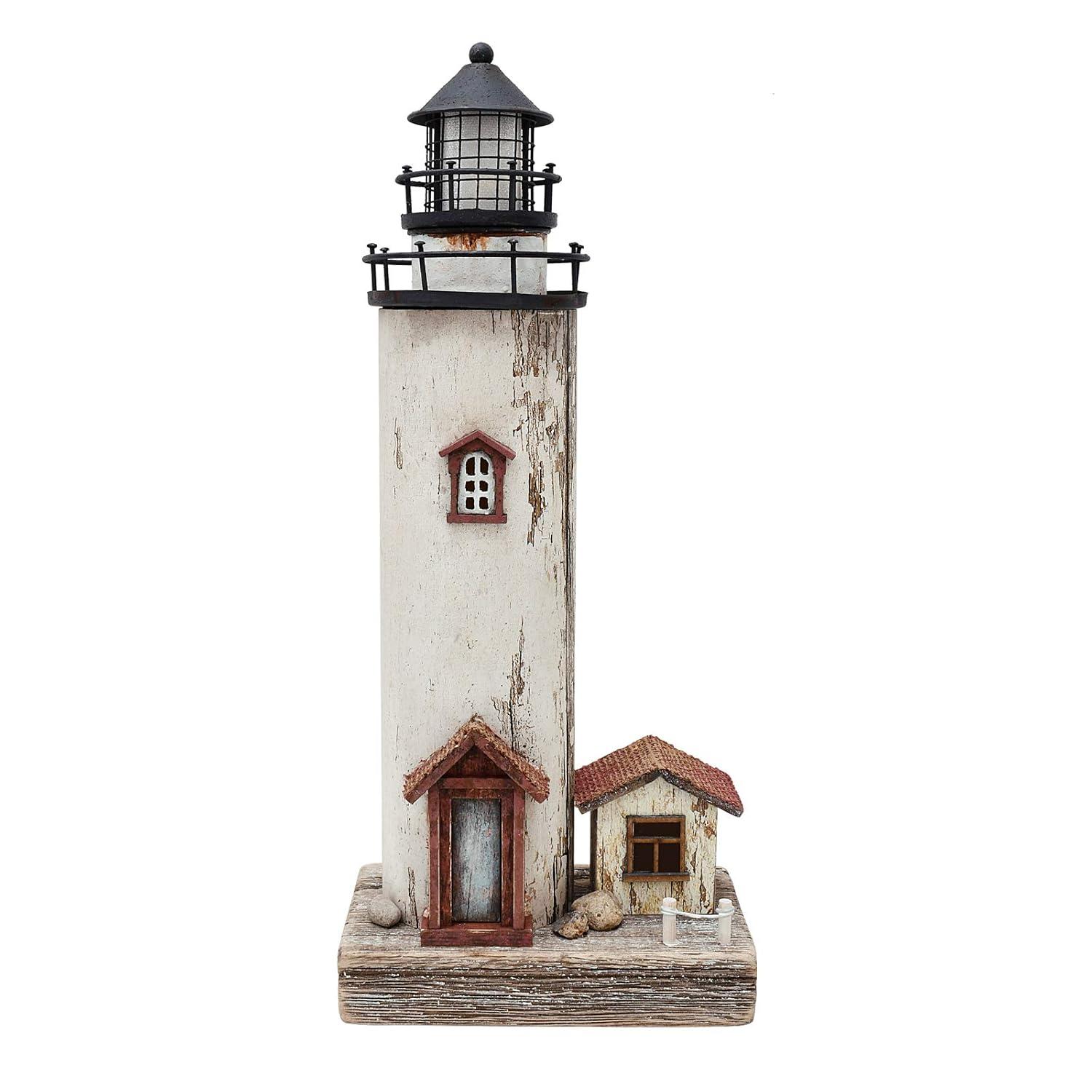 Rustic White and Brown Wooden Lighthouse Decor with LED Light