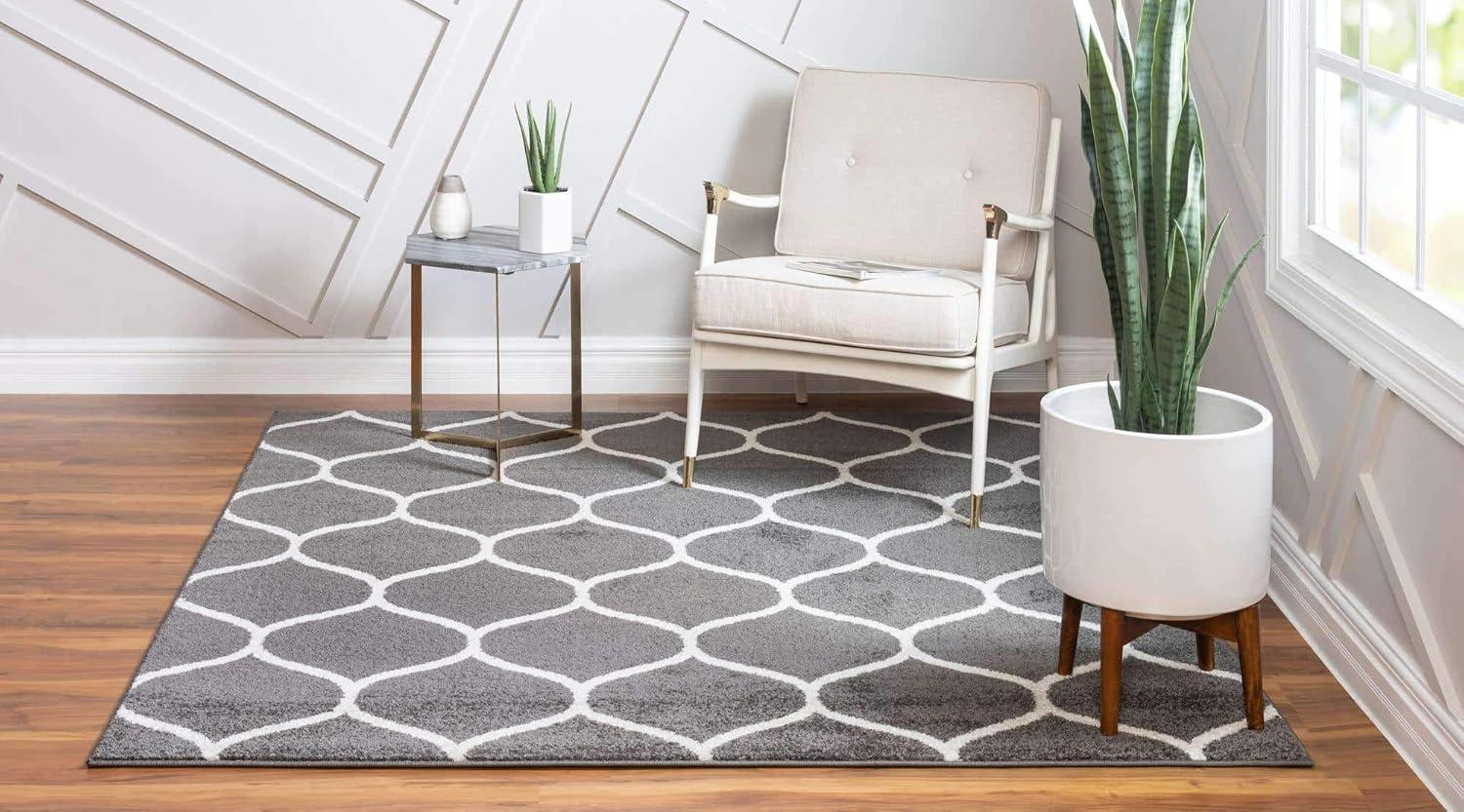 Dark Gray Square Trellis Synthetic Area Rug