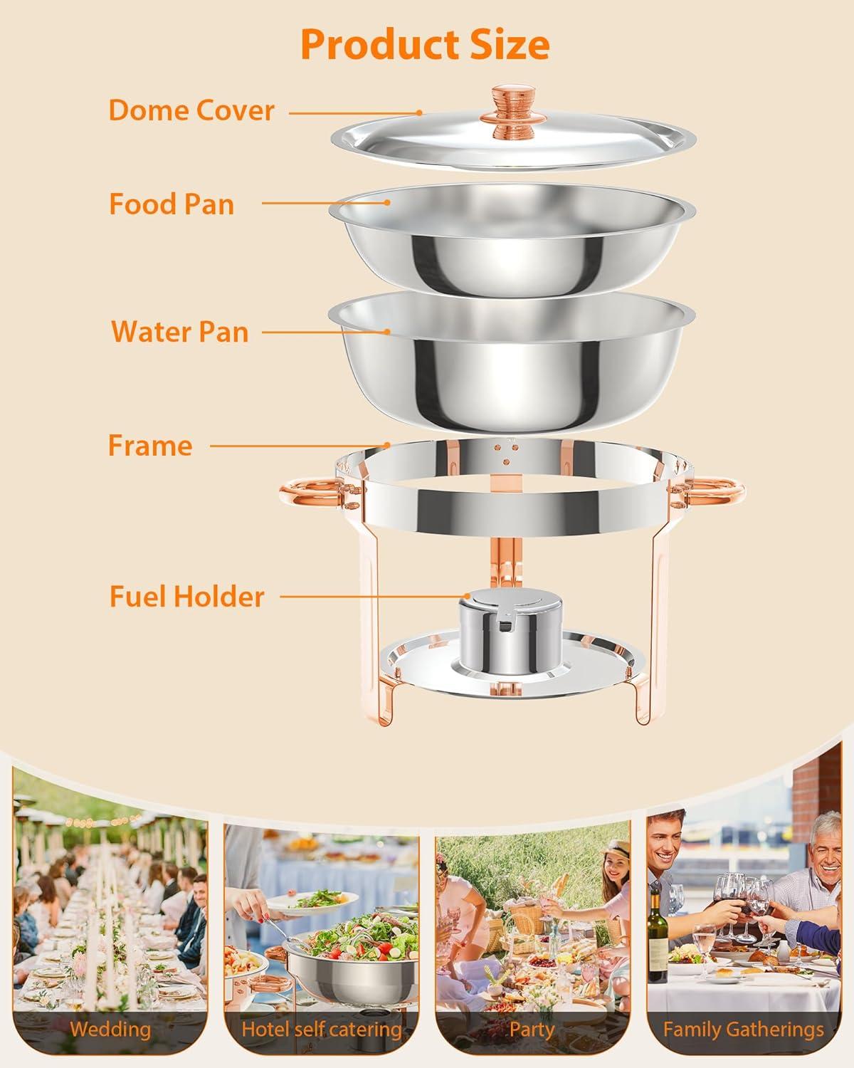 5QT round chafing dish buffet set (2-pack) in Rose Gold, NSF-certified stainless steel with lid, spoon, and tweezer, ideal for catering and events.