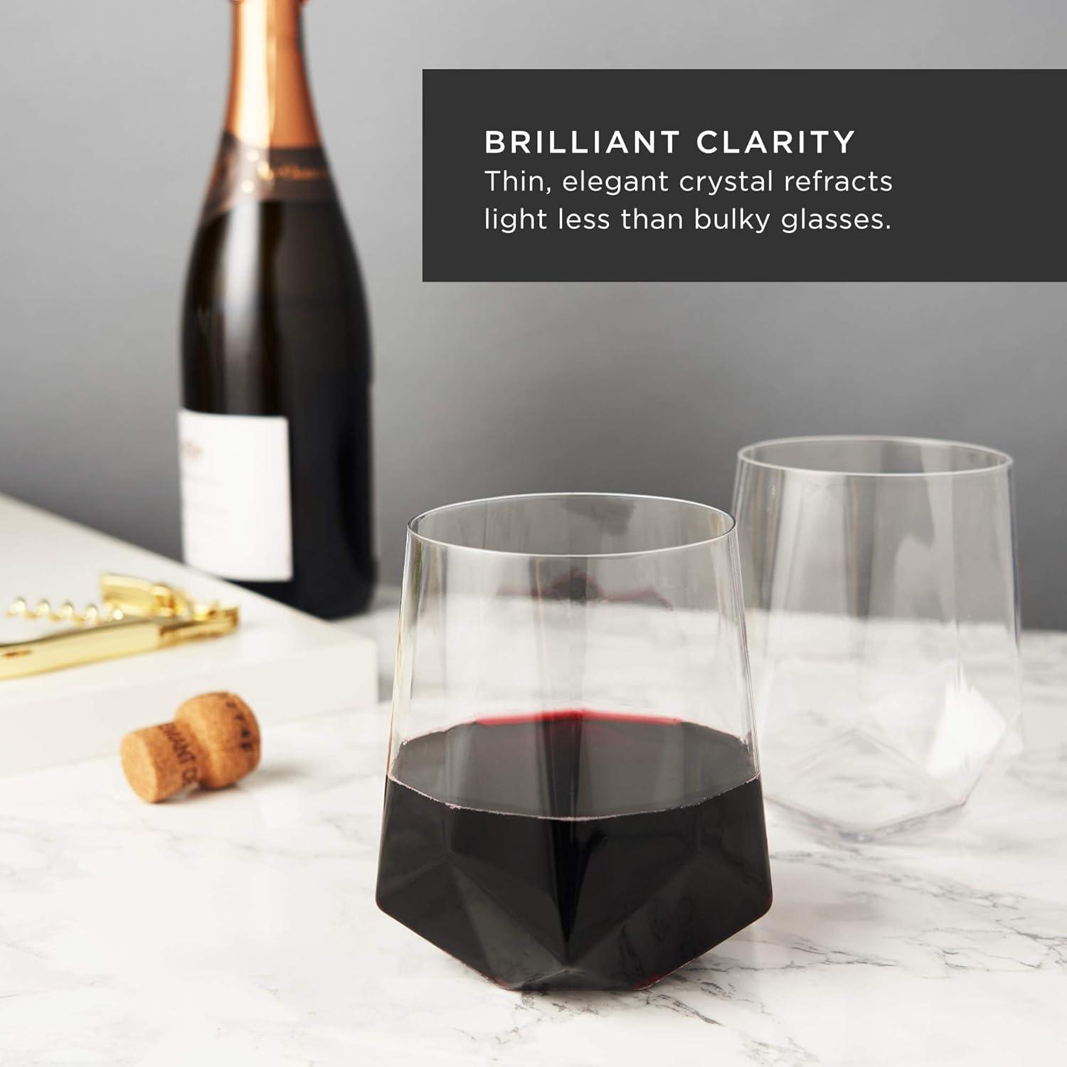 Viski Raye Faceted Crystal Wine Glasses Set of 2 - Premium Crystal Clear Glass, Modern Stemless, Wine Glass Gift Set, 20 oz