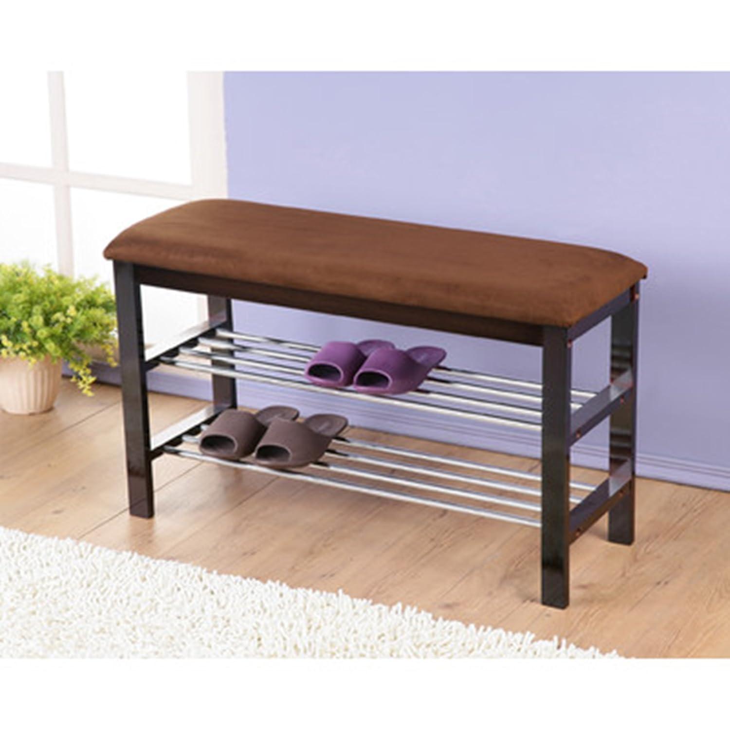 Roundhill Furniture Wood Shoe Bench with Chocolate Microfiber Seat, Black