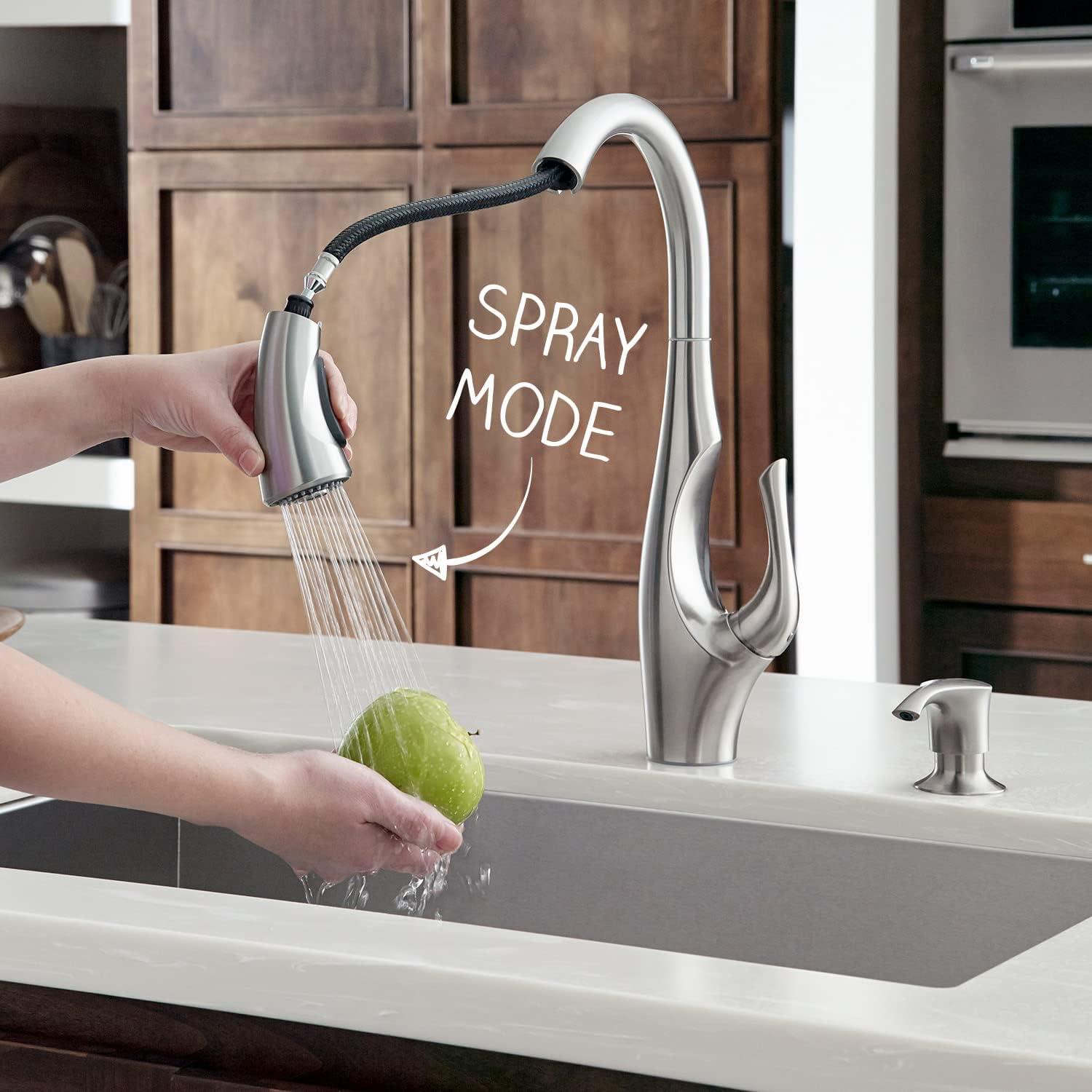 Pfister Indira Kitchen Faucet with Pull Down Sprayer and Soap Dispenser, Single Handle, High Arc, Spot Defense Stainless Steel Finish, F5297NDGS