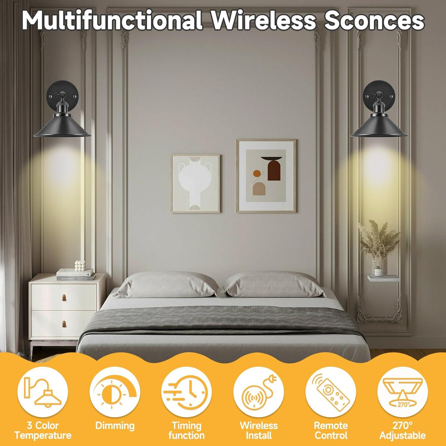 Battery Operated Wall Sconce Decor Set of 2, Black Wireless Wall Sconces with Remote, Dimmable Vintage Led Wall Lights, Wall Lamp for Bedroom Farmhouse Gallery