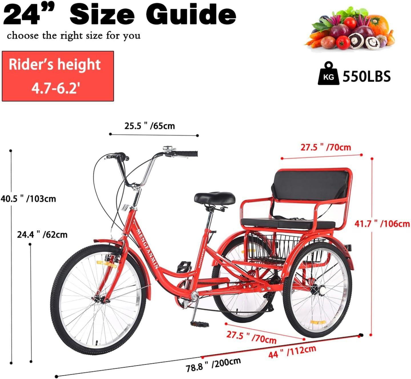 Adult Tricycle 7 Speed, 24 Inch 3 Wheel Bikes Extended Rear wheelbase Tricycle Wheel Bike w/Rear Basket for Women/Children Seniors Maximum Load 550lbs