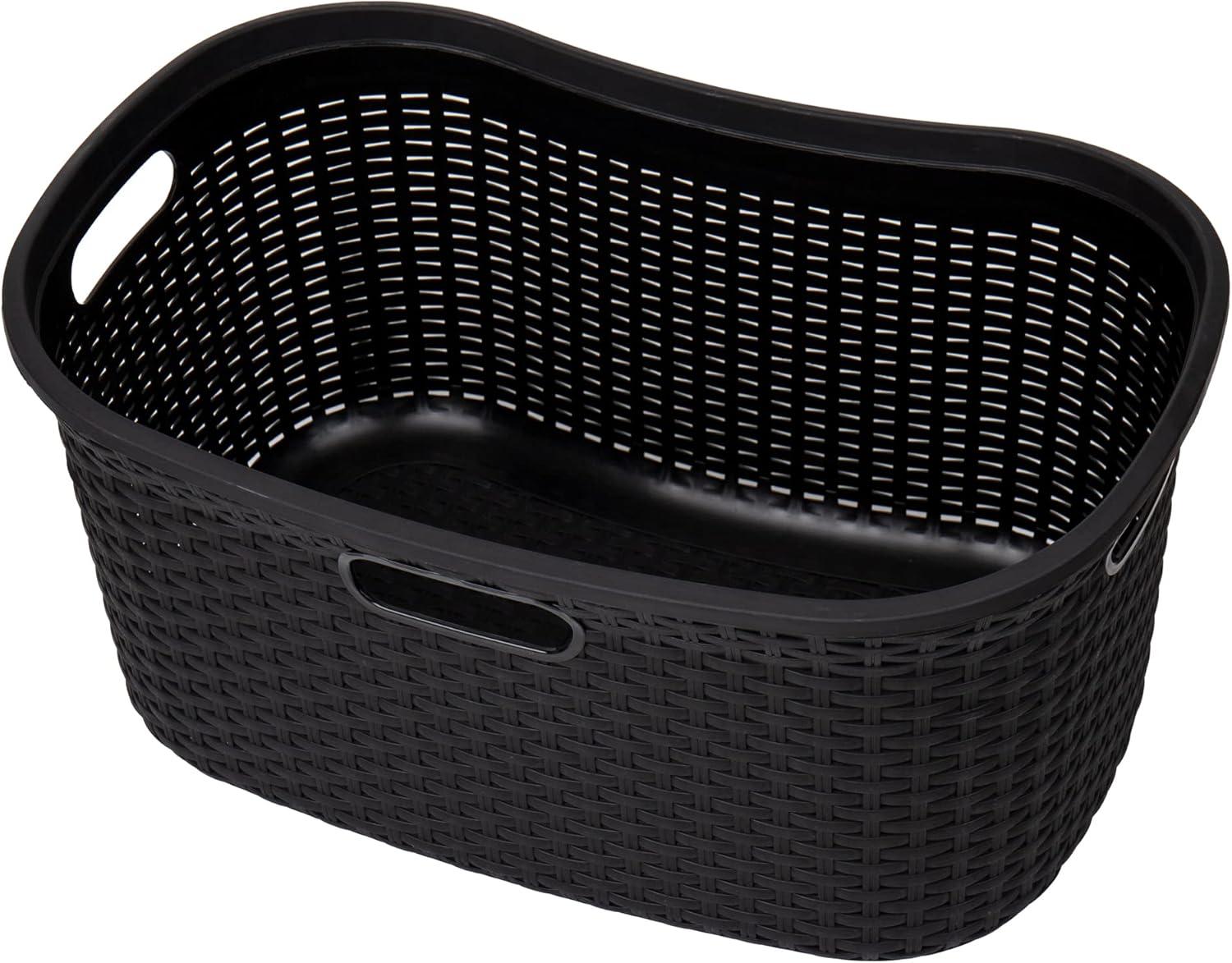 Mind Reader 40L Laundry Basket, Clothes Hamper, Lid, Wicker Design, Plastic, Set of 2, Black