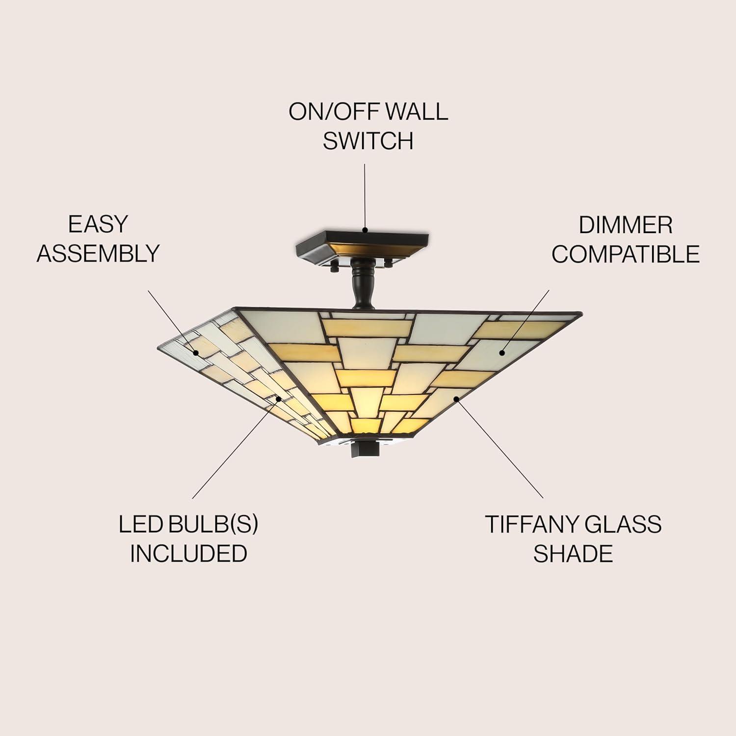 Jason 15.7 in. Tiffany-Style Glass/Metal White/Cream LED Semi-Flush Mount