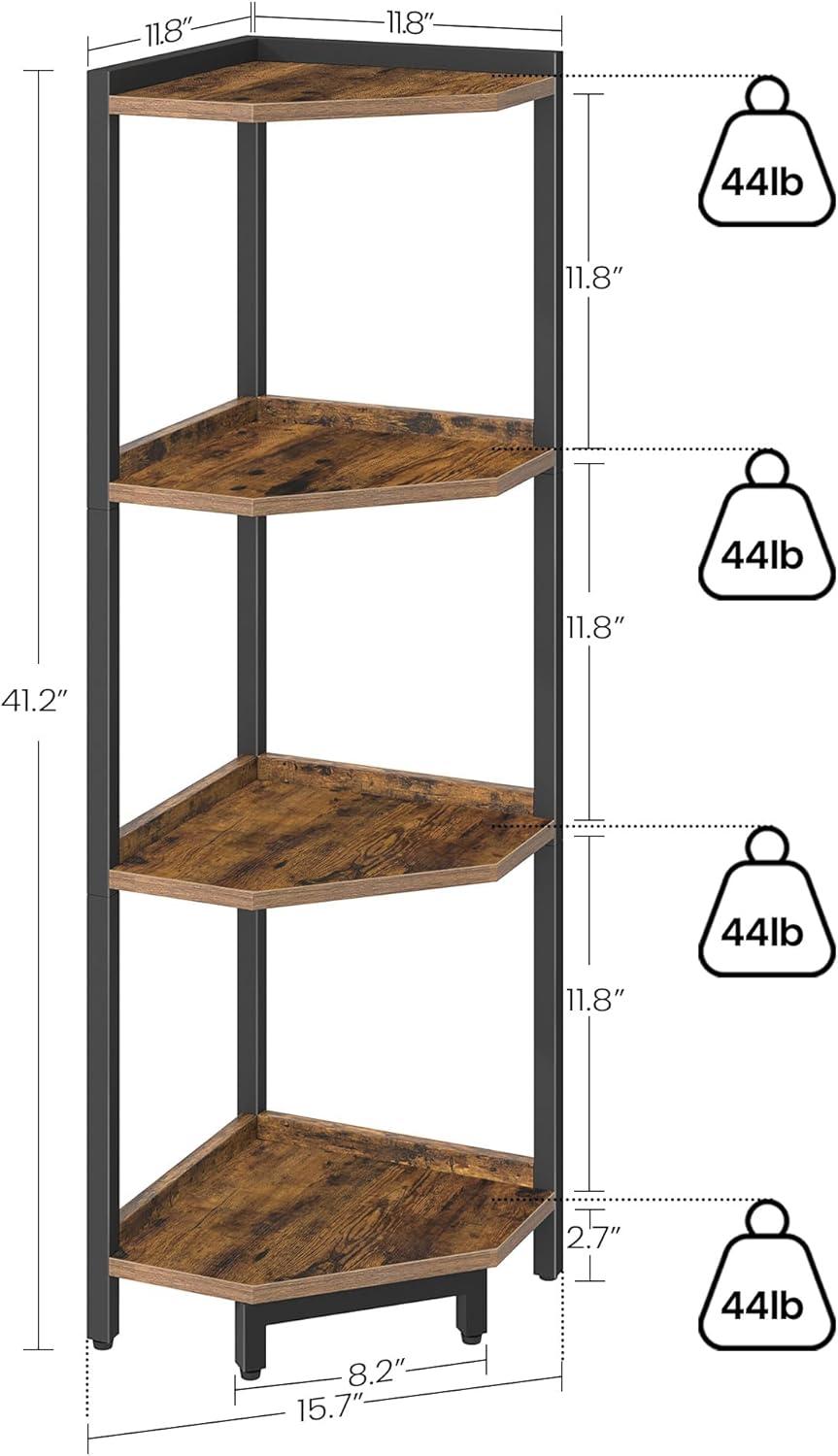 Corner Shelf Stand, Corner Bookshelf, Storage Standing Shelf Unit with Metal Frame, Plant Stand, Corner Bookcase for Living Room, Home Office, Bedroom, 4-Tier Rustic Brown CS05801B