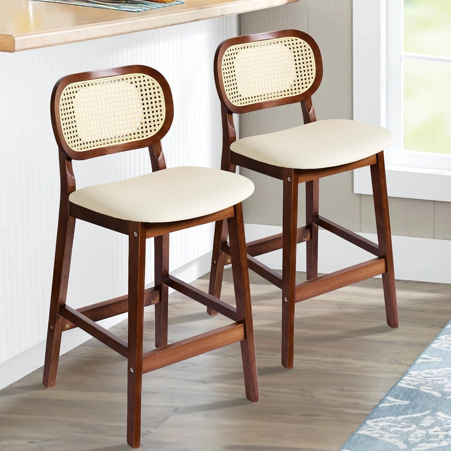 Lucky Monet Wood Upholstered Counter Height Bar Stools with Rattan Back - 36.81"H x 17.72"W x 18.7"D Set of 2 - White Faux Leather/ Brown Frame