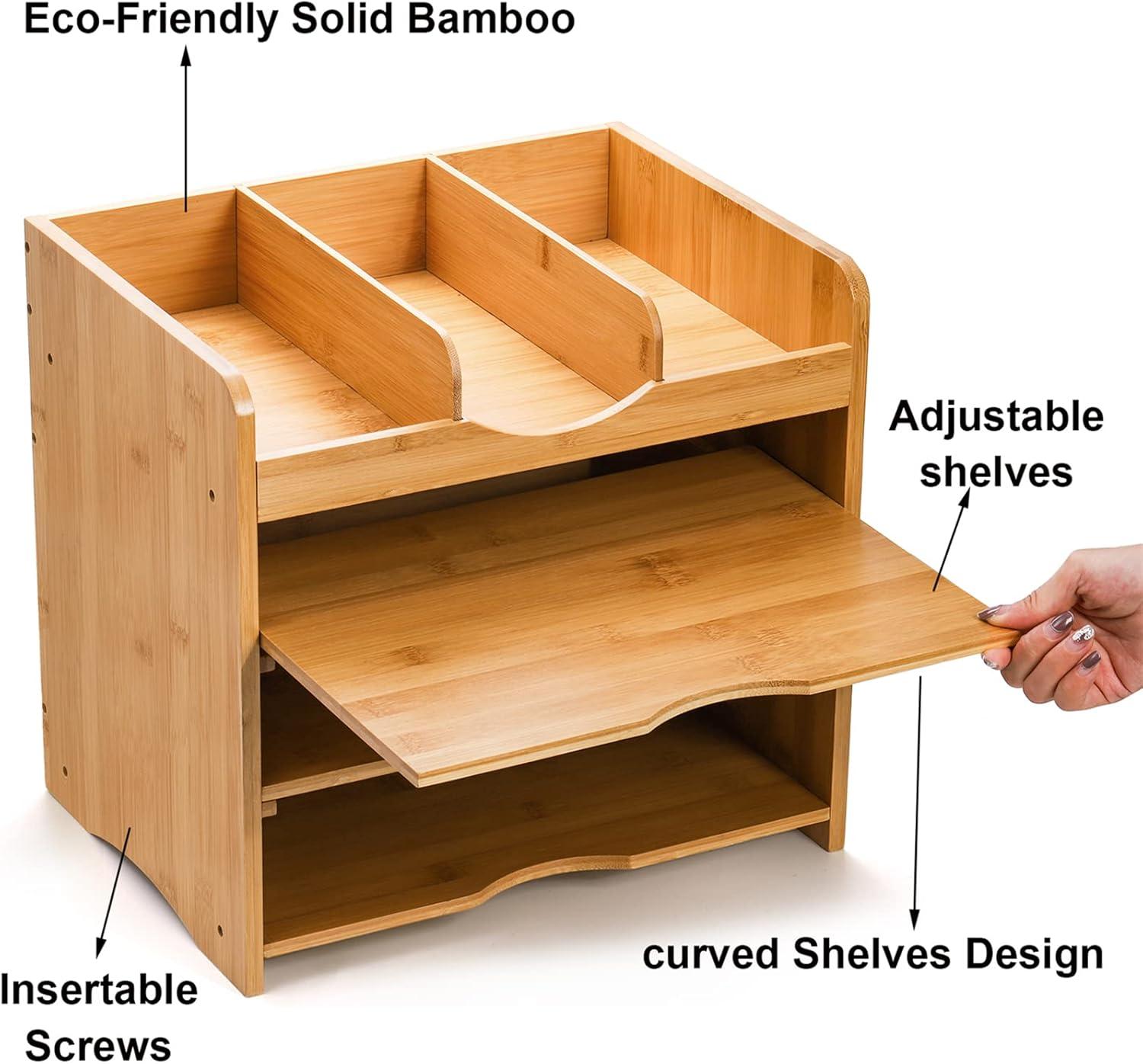 Hokku Designs Bamboo Desk File Organizer,Document Letter Tray Sorter With 2 Adjustable Shelves, 4 Tier Mail Organizer Countertop
