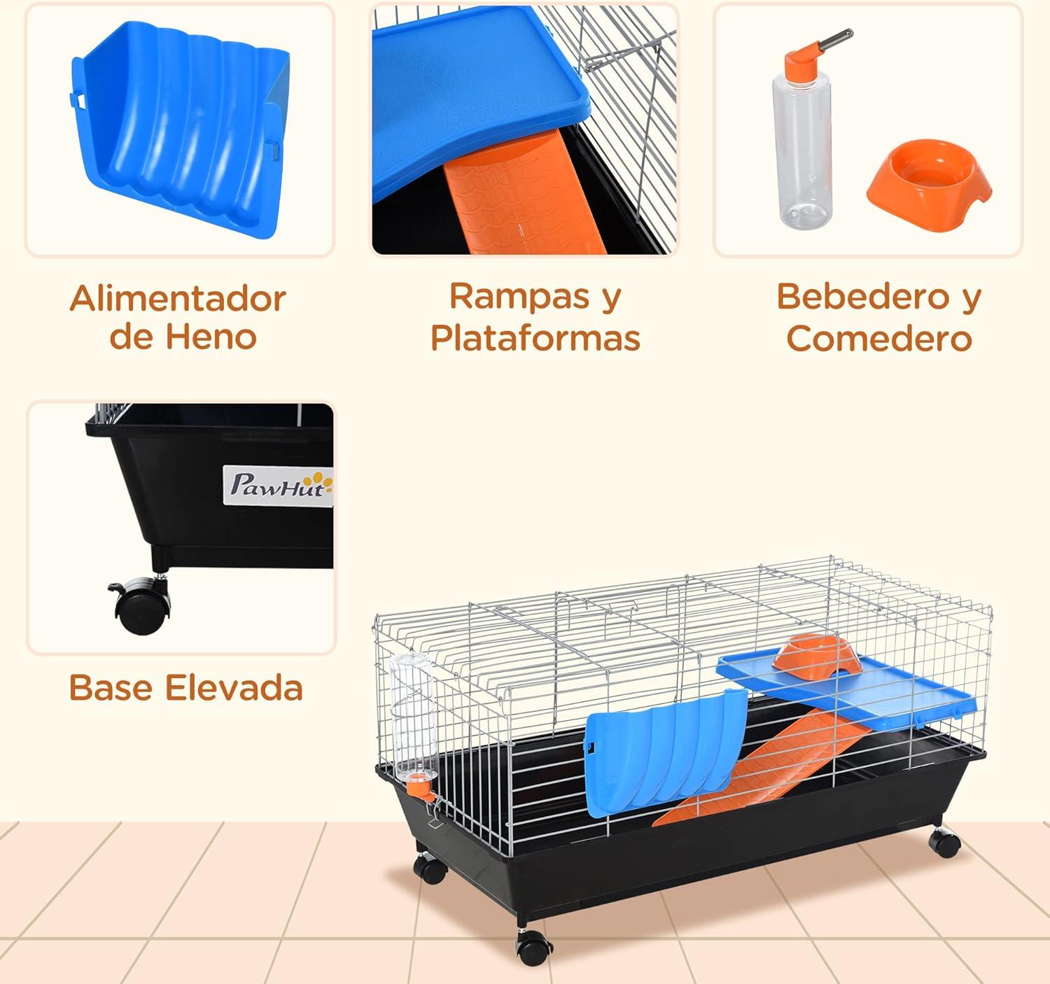 PawHut Small Animal Cage, Rolling Dwarf Bunny Cage, Guinea Pig Cage with Food Dish, Water Bottle, Hay Feeder, Platform, Ramp for Chinchilla