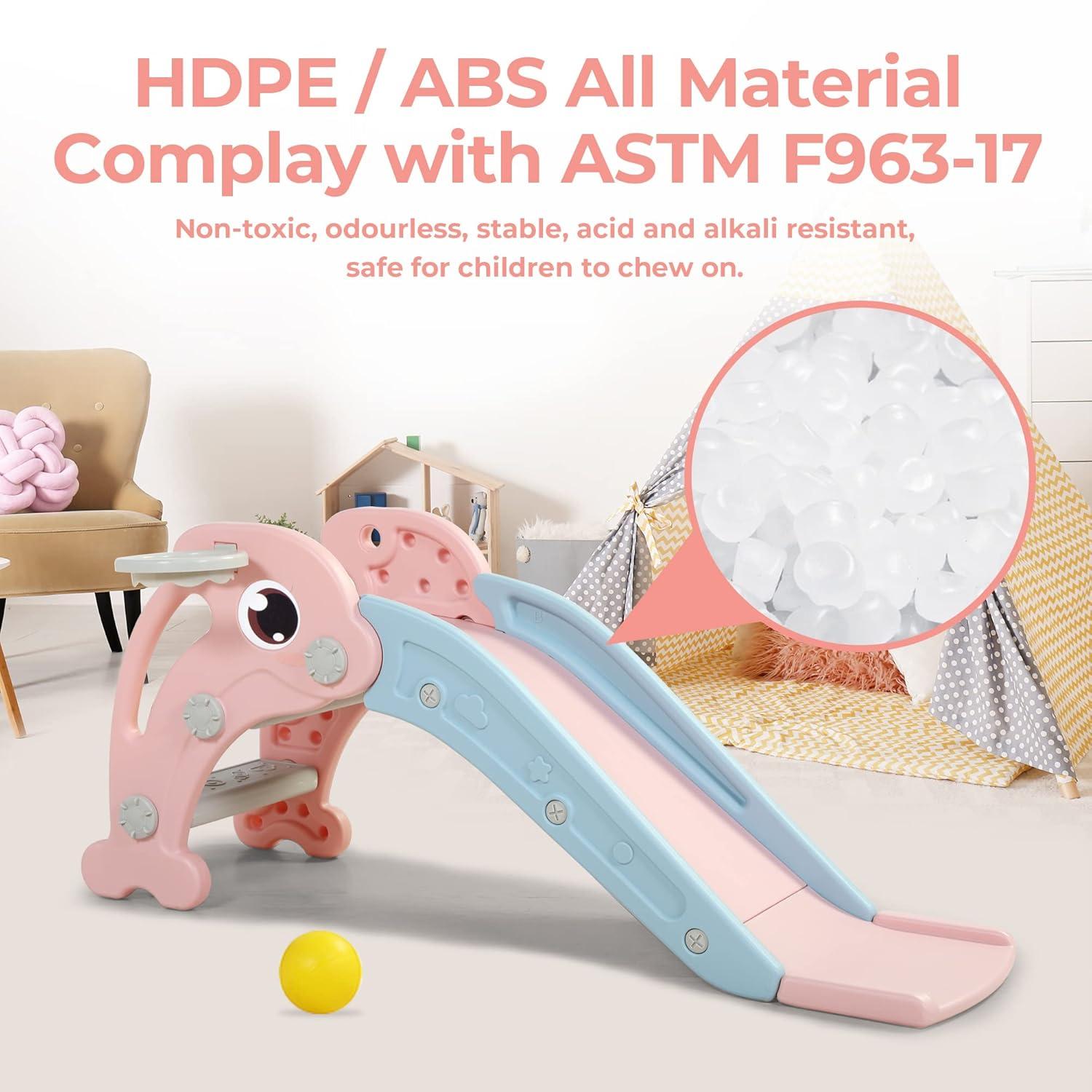 Nyeekoy 3 in 1 Foldable Toddler Large Slide w/ Climbing Ladder, Basketball Hoop, Indoor Outdoor Freestanding Playground for Kids