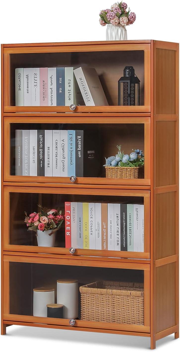 Magshion Bamboo/Acrylic 3 Shelves Bookshelf, with Transparent Door Bookcase, Brown, for Home