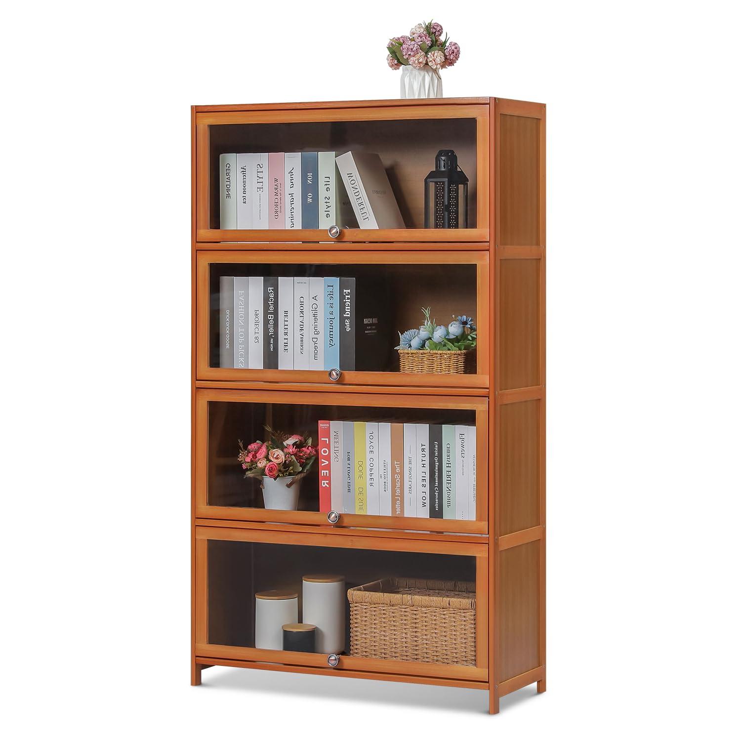 Magshion Bamboo/Acrylic 3 Shelves Bookshelf, with Transparent Door Bookcase, Brown, for Home