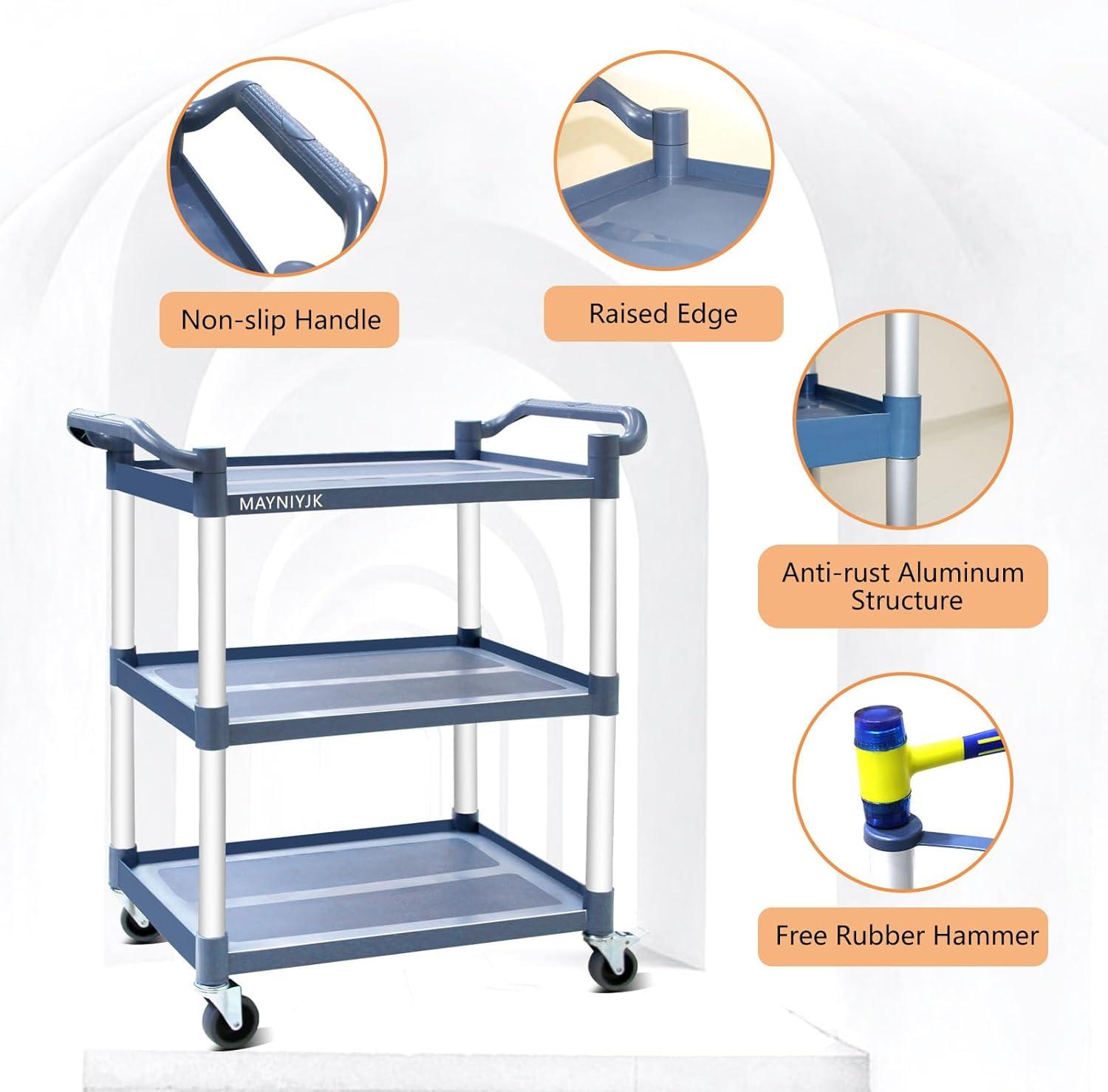 Service Cart Heavy Duty 3-Shelf Rolling Utility/Push Cart with Lockable Wheels, 360 lbs. Capacity, for Foodservice/Restaurant/Cleaning