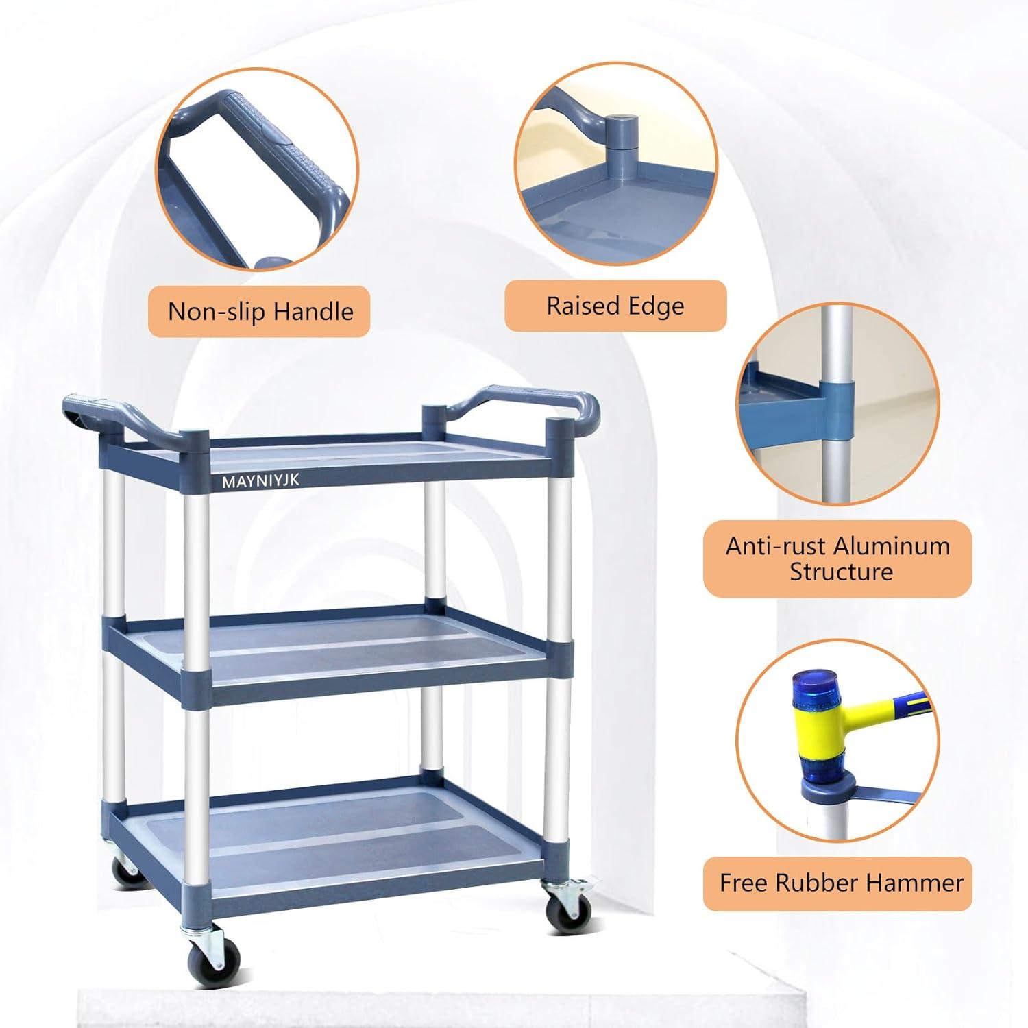Service Cart Heavy Duty 3-Shelf Rolling Utility/Push Cart with Lockable Wheels, 360 lbs. Capacity, for Foodservice/Restaurant/Cleaning