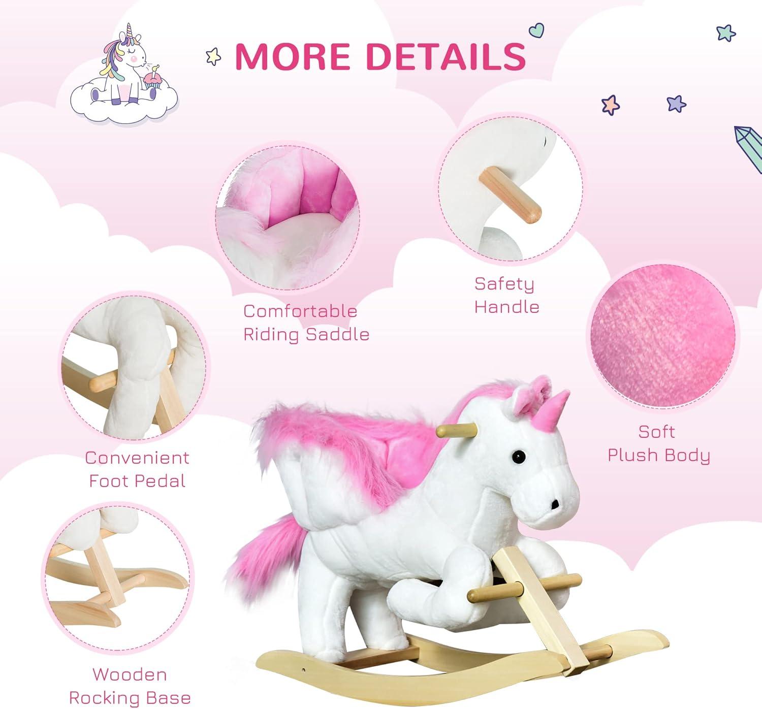 Qaba Kids Rocking Horse, Wooden Plush Ride-On Unicorn Chair Toy with Lullby Song for 18-36 months children