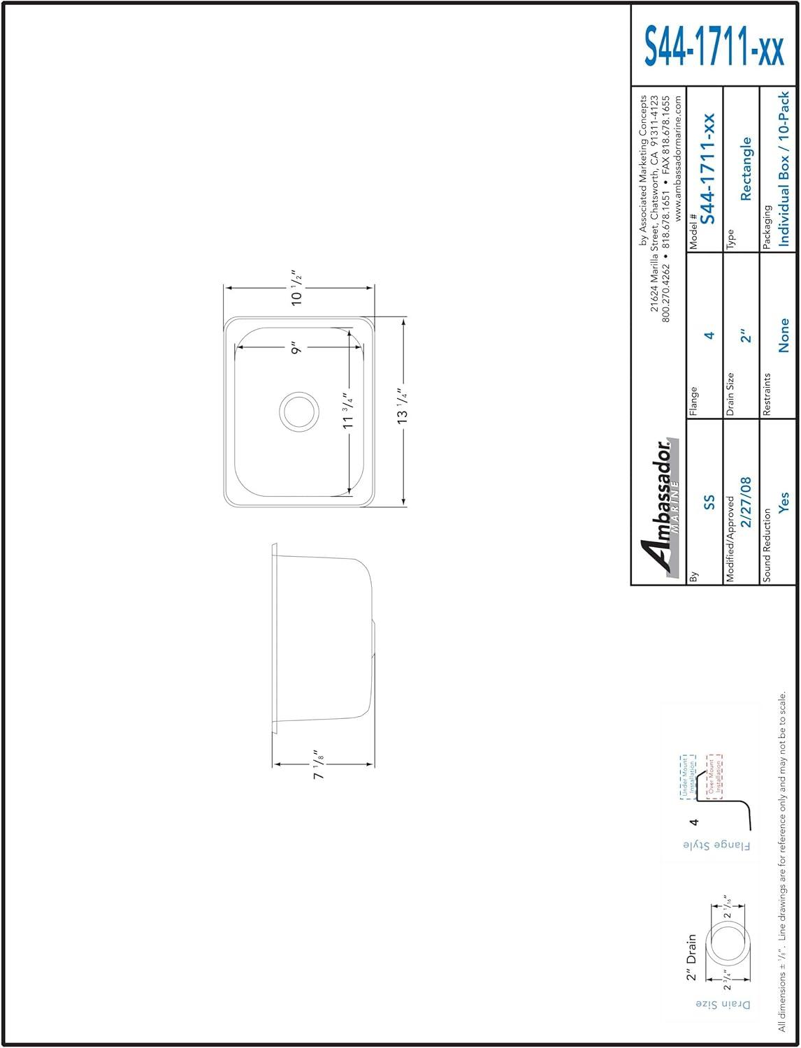 Ambassador Marine S44-1711-BR-R Rectangle Stainless Steel Sink  Brushed Finish