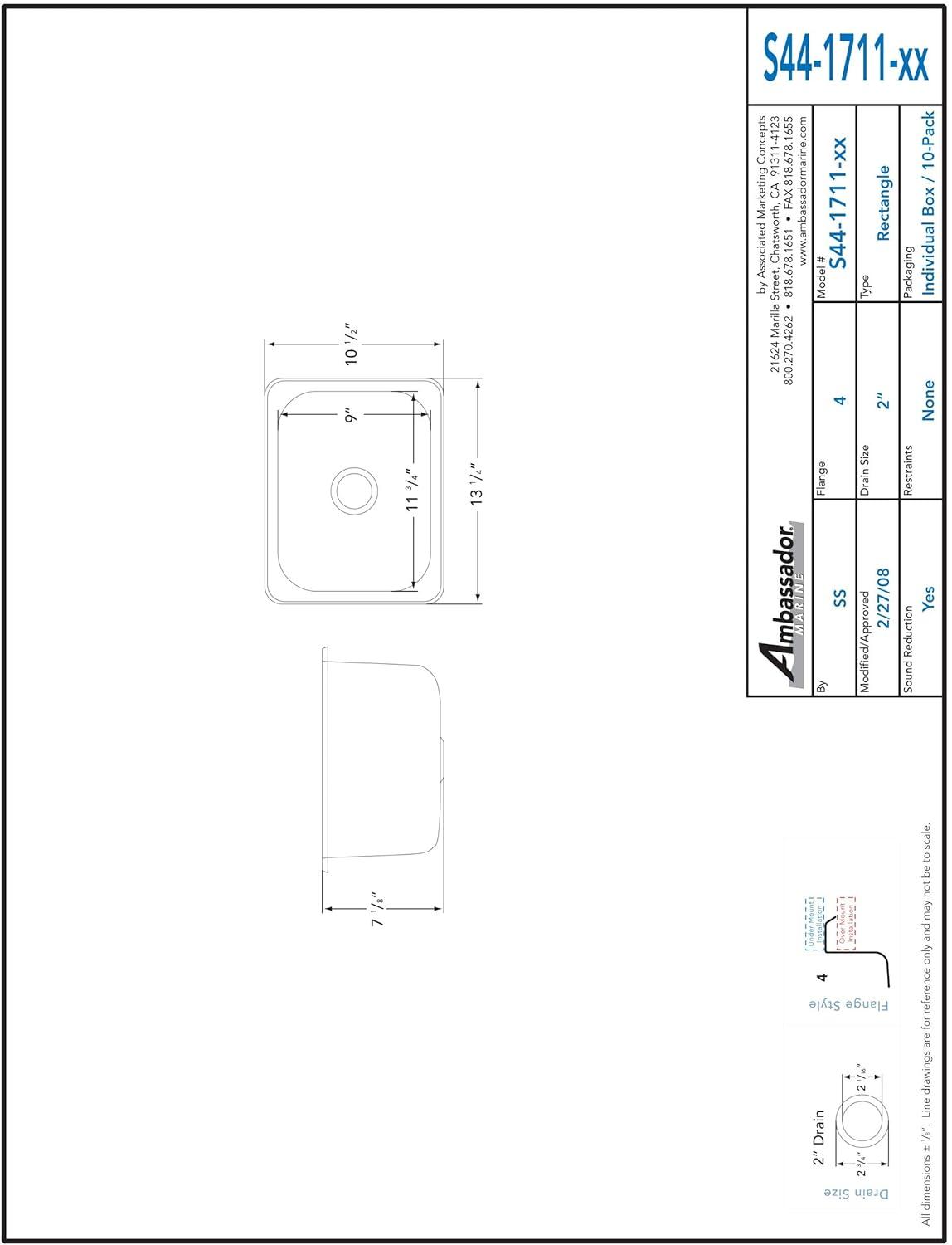 Ambassador Marine S44-1711-BR-R Rectangle Stainless Steel Sink  Brushed Finish