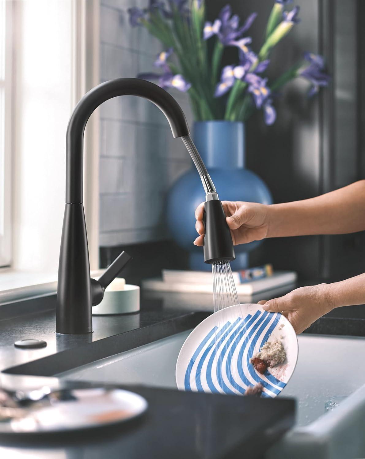 Moen Haelyn Matte Black Single Handle Deck-mount Handle Residential Pull-down Kitchen Faucet with Sprayer ( Deck Plate Included ) (Soap Dispenser Included)