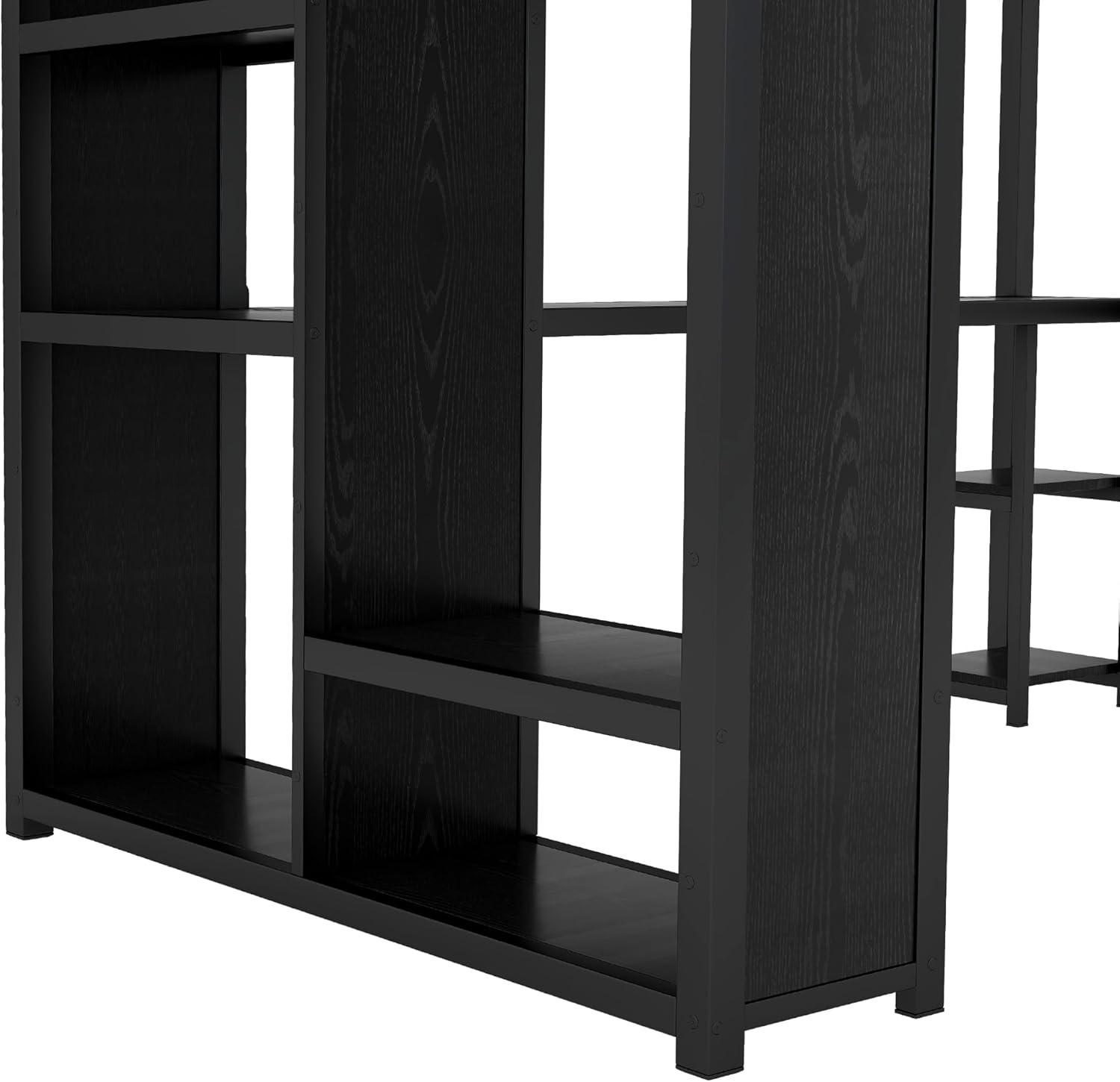 Bellemave Queen Size Loft Bed with Desk and Wardrobe Metal Loft Bed with Storage Shelves Loft Bed Frame with Guardrails for Kids, Teens, No Box Spring Needed (Queen, Black)