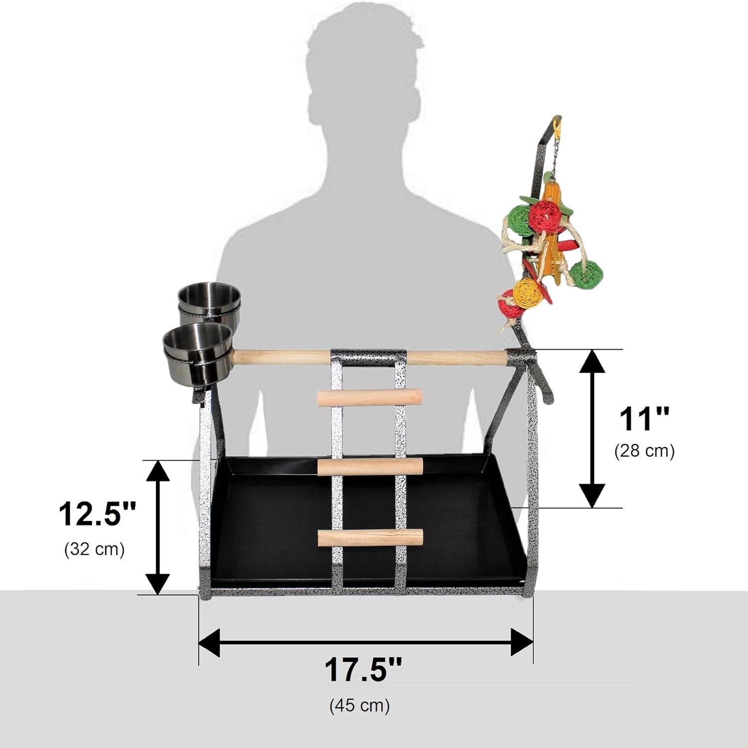 Medium Black Metal and Wood Parrot Perch Stand with Steel Cups