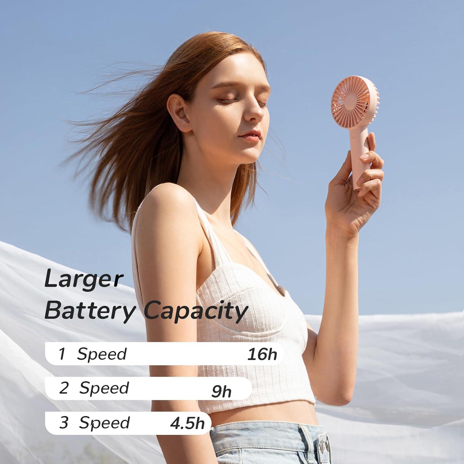 JISULIFE Handheld Fan, Portrable Mini Fan with 3 Speed, USB Rechargeable Personal Fan Battery Operated for Outdoor, Office, Travel -Pink