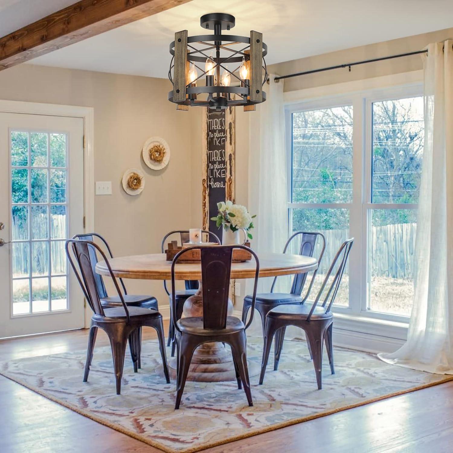 Williston Forge Farmhouse Rustic Light Fixture Ceiling Mount, Semi Flush Mount Ceiling Light Fixture, 4-Light Black Industrial Retro Washed Ceiling Light For Kitchen Dining Room Bedroom Hallway Bathroom