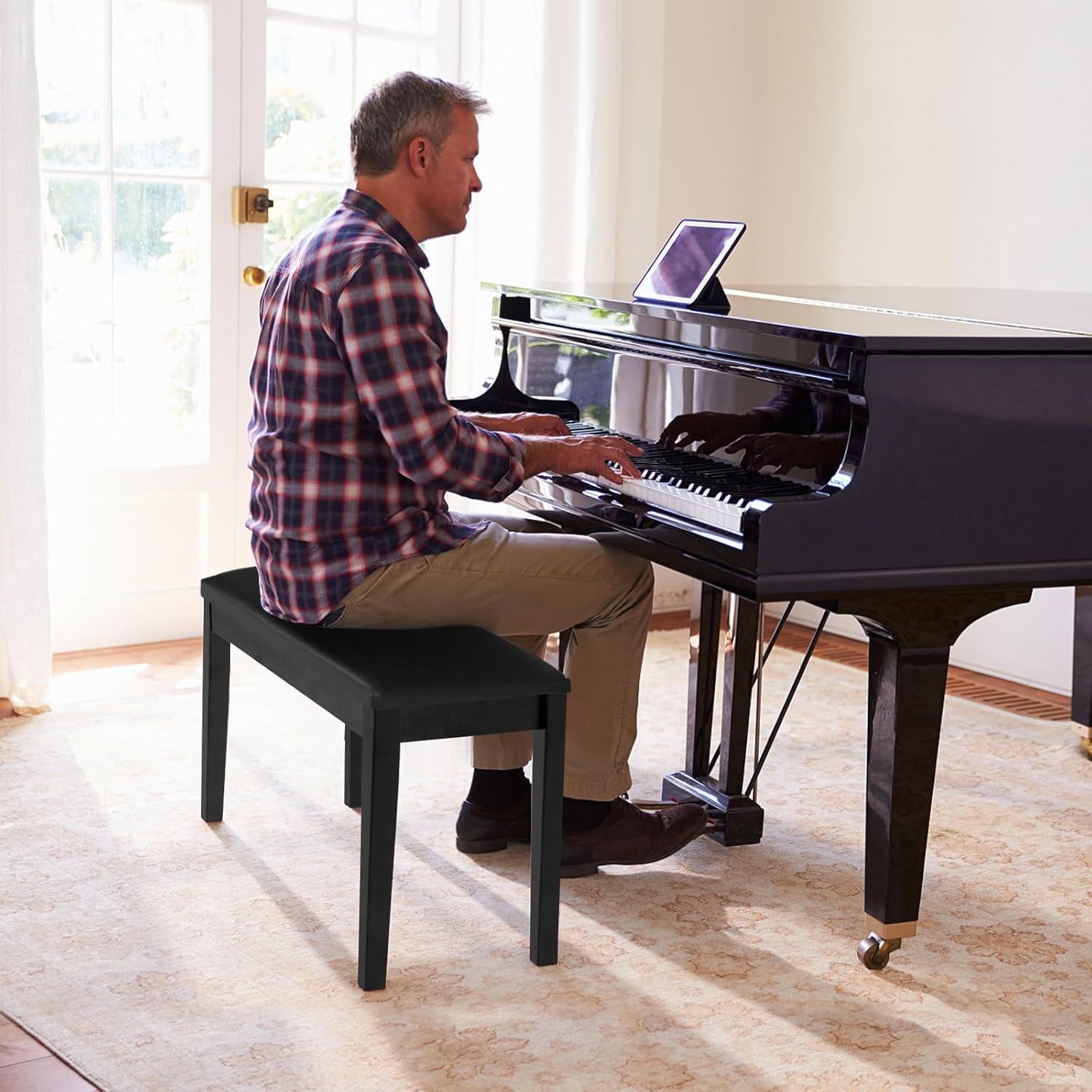 Tangkula PU Leather Piano Bench Solid Wood Padded Double Duet Keyboard Seat w/ Storage Box Black