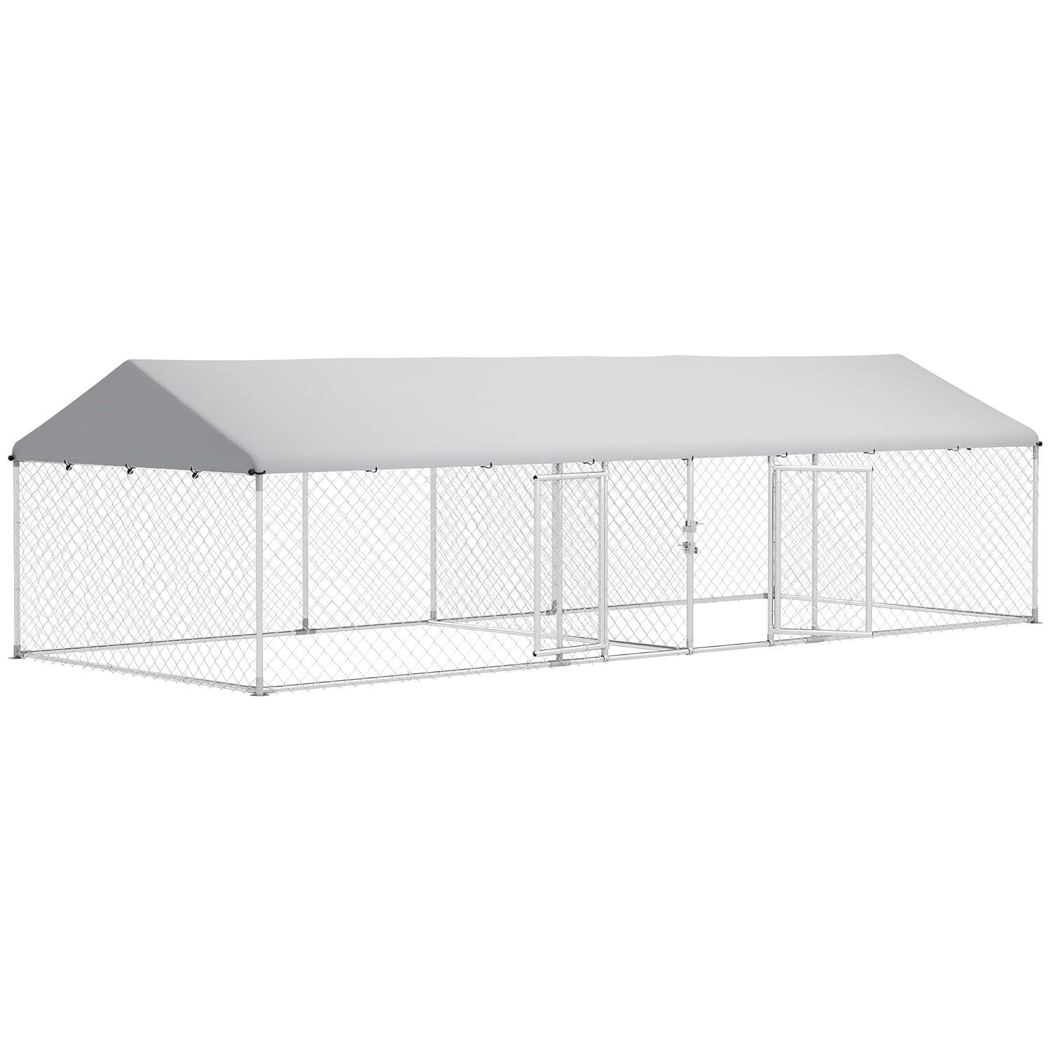 Pawhut Two Room Outdoor Dog Kennel with Roof, 19.7' x 7.5' x 5.2' Dog Kennel Outside Heavy Duty Pet Enclosure Run Fence with Waterproof UV-Resistant Cover, Secure Lock, for Small to Large Breeds