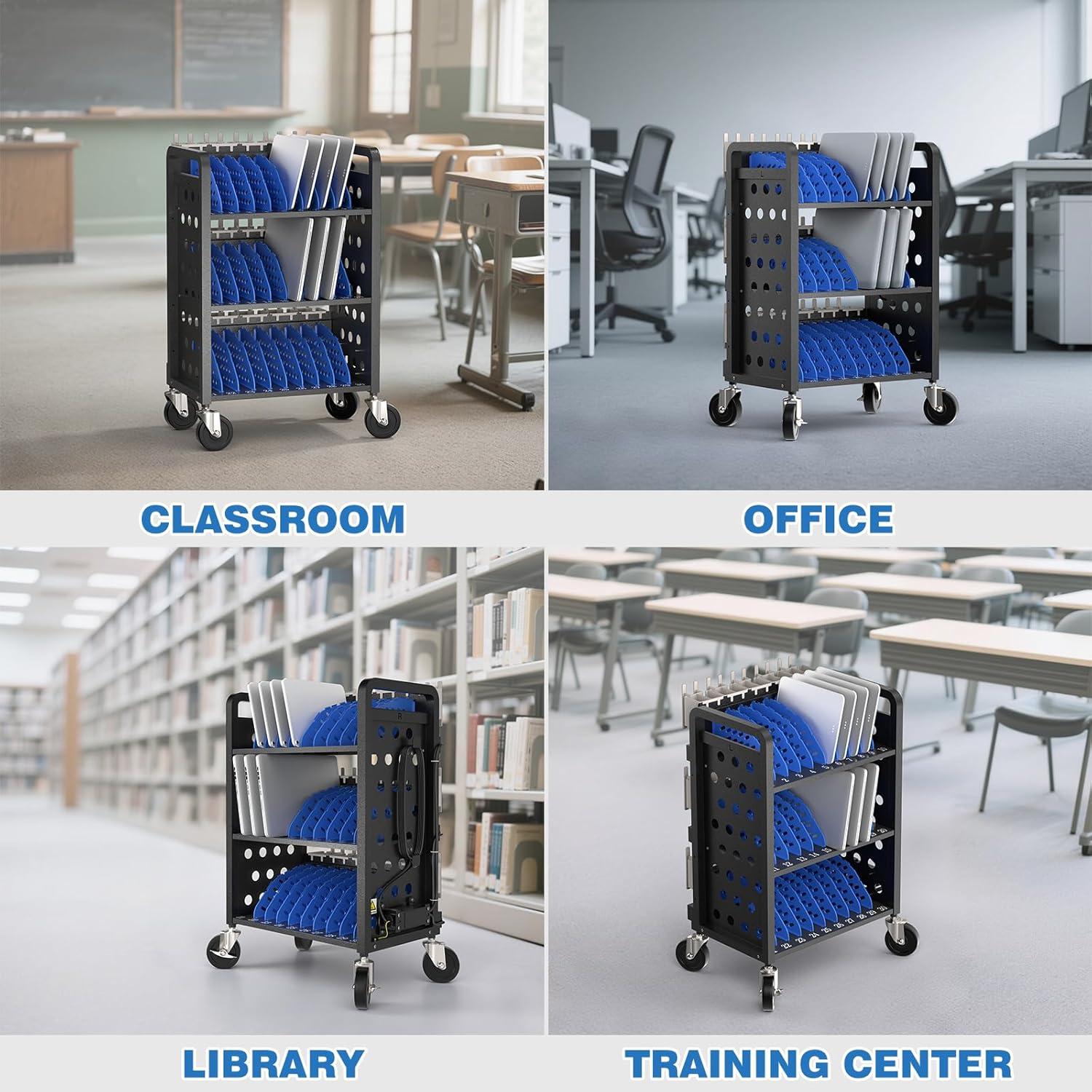 POCHAR 30-Device Chromebook Open Charging Cart, Charging Station Rack for 14" iPad, Laptop - Tablet Organizer Station for Classroom - Laptop Storage Cart with Cable and Charger Organization