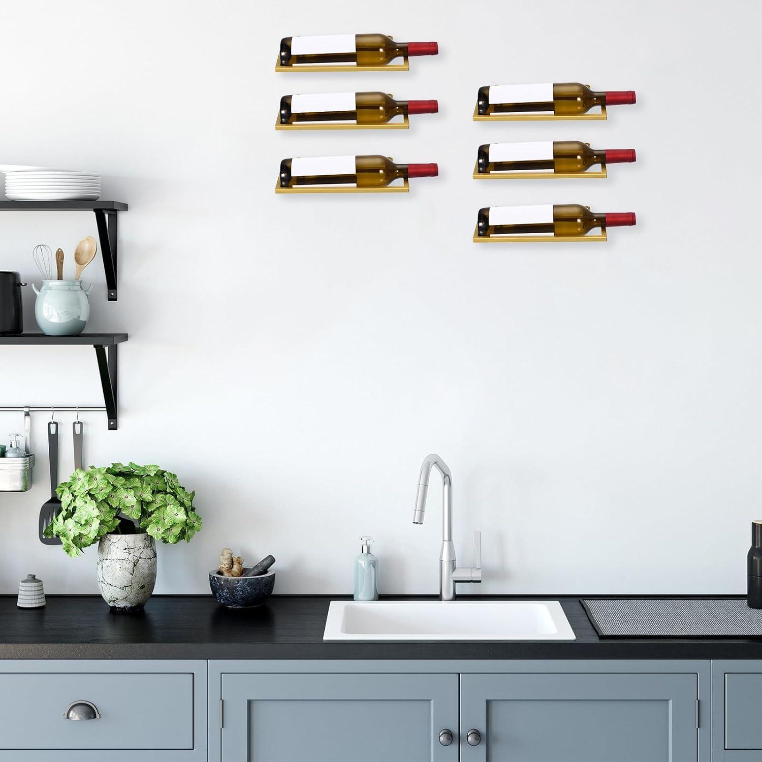 Metal Wine Rack Wall Mounted 6 Pcs Hanging Wine Bottle Display Holder for Wine Bottles Home Kitchen Bar Wall Decor Gold