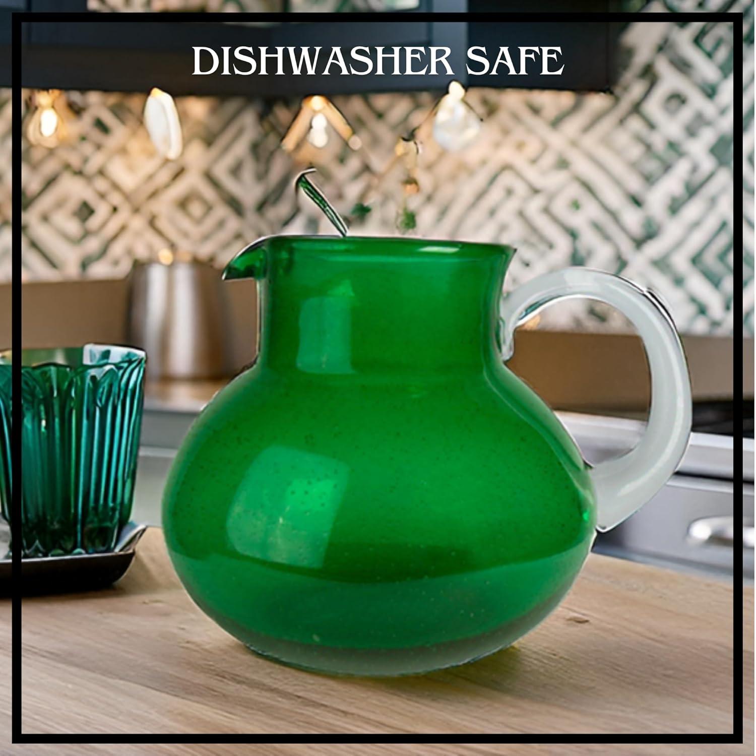 Artland Iris 90 Oz Handblown Glass Pitcher, Bubble Shape, Lead-Free, Versatile Drink Dispenser for Water, Juice, Cocktails, Dishwasher Safe - Green