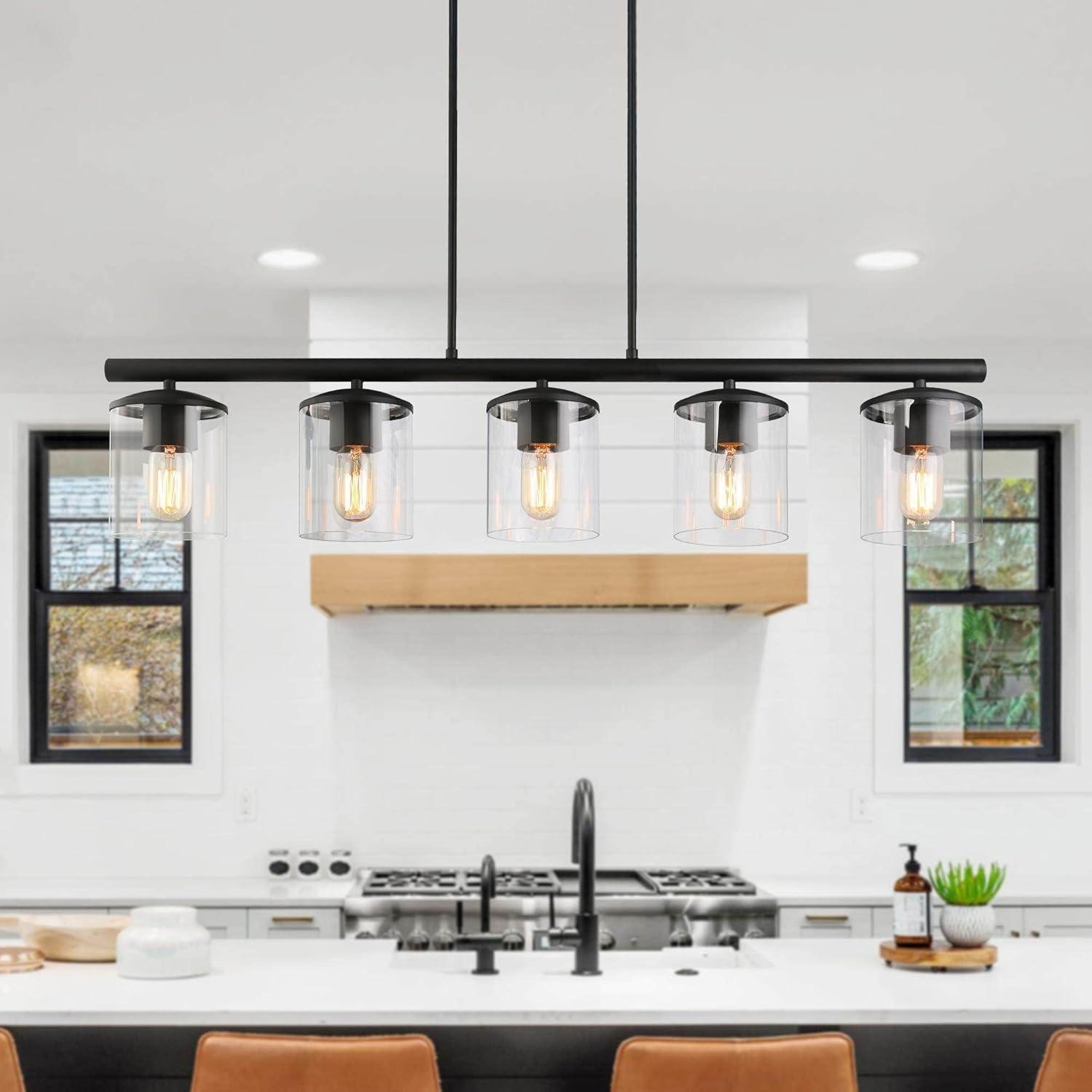 Black Farmhouse Chandelier, 5-Light Island Lights for Kitchen in Metal Finish with Clear Glass Shades, 37" Dining Room Chandelier, Linear Pendant Lighting for Foyer, Bar, Pool Table