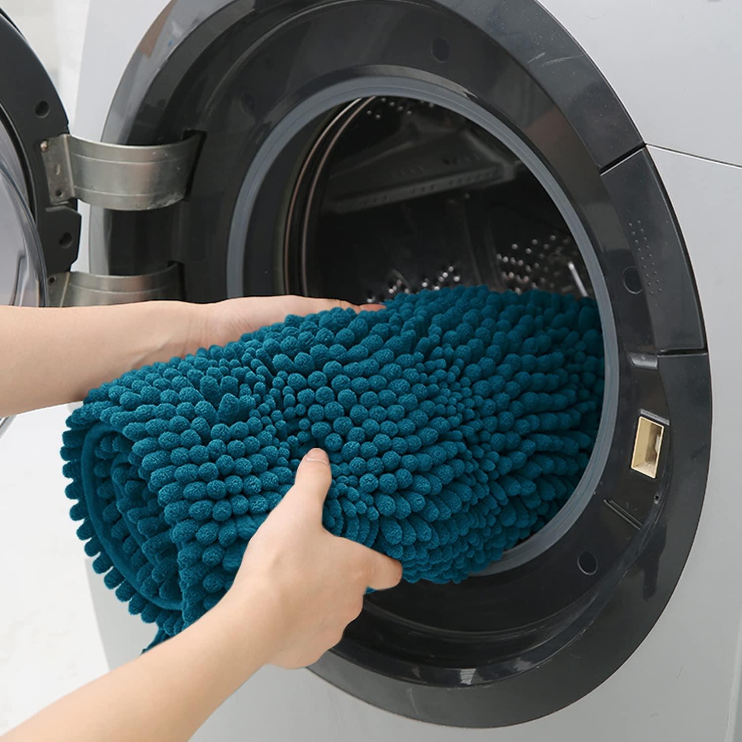 ACCUMTEK Striped Atlantic Blue Bathroom Rug Set 3 Pieces Ultra Soft, Non Slip Chenille Toilet Mat, Absorbent Plush Shaggy Bath Mats for Bathroom, Bedroom, Kitchen