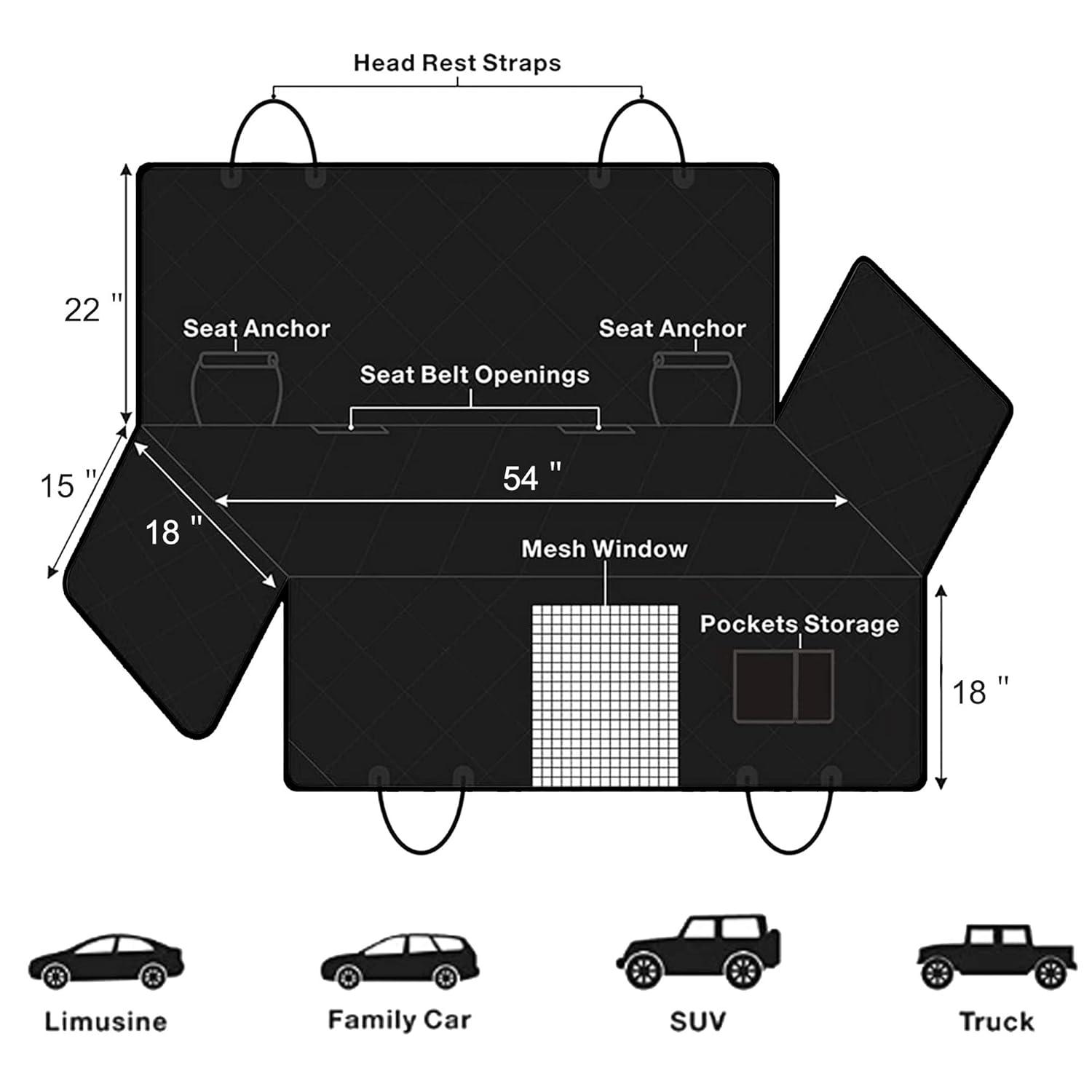 Dog Car Seat Cover with Storage Pockets Mesh Visual Window, Waterproof Nonslip , Heavy Duty Scratchproof Pet Dog Back Seat Cover Hammock for Cars Trucks and SUVs