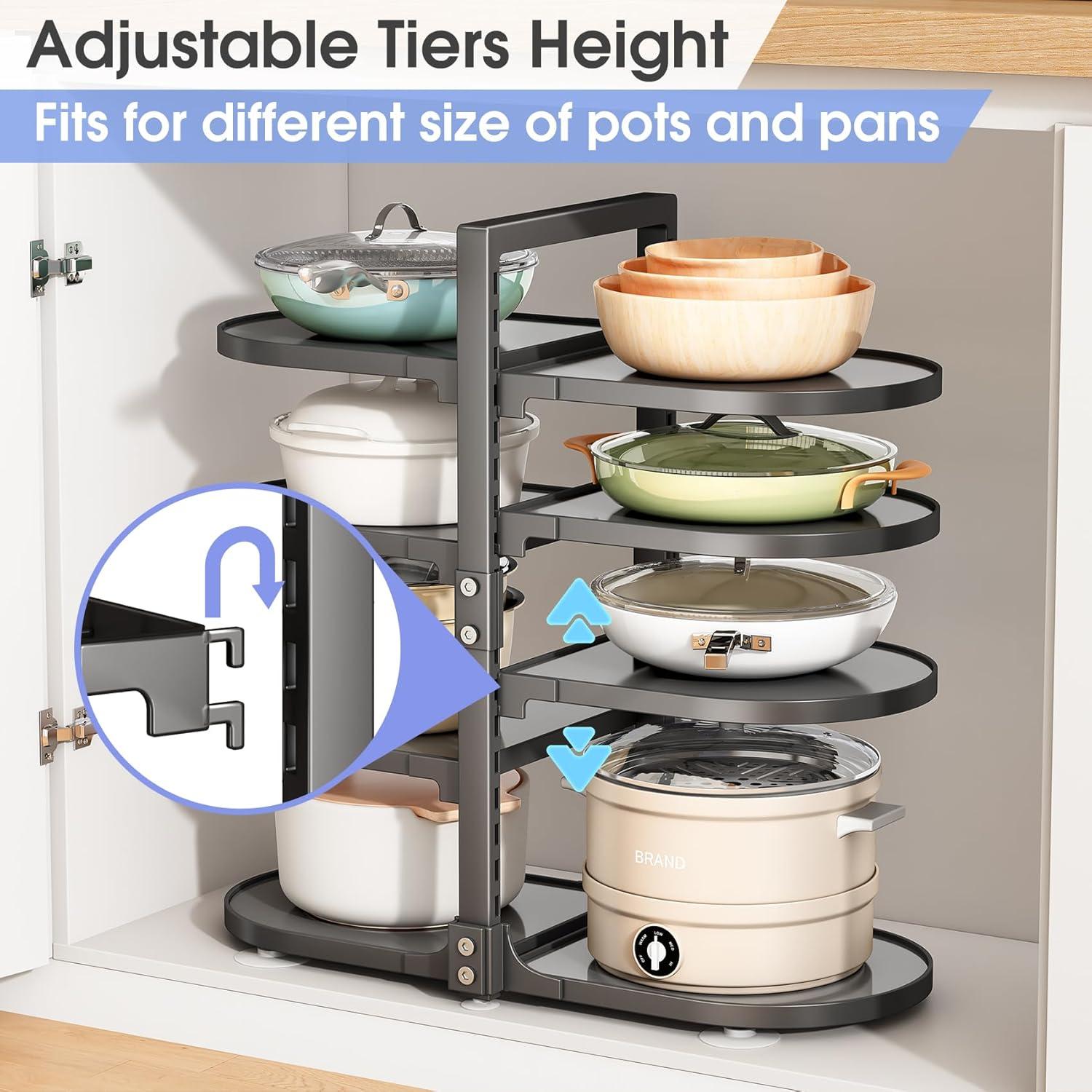 Pot and Pan Organizer for Cabinet, 8 Tier 21” Adjustable Cabinet Pan Organizer Rack Heavy Duty Pot Rack for Kitchen Storage, Snap-on Pot Pan Organizer with Panels for Stockpot and Steamer (Round)