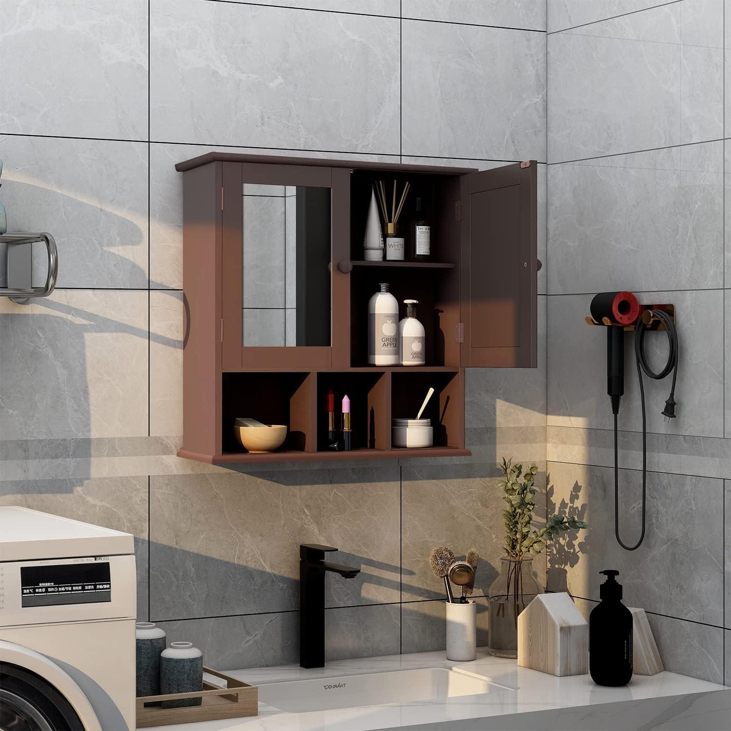 Brown MDF Wall-Mounted Medicine Cabinet with Mirror and Shelves