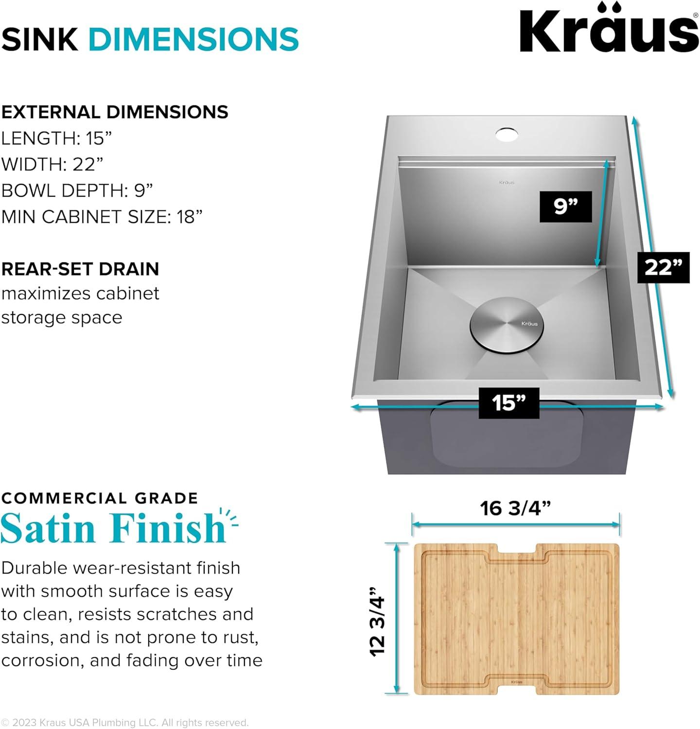 Kraus KWT311-15 KRAUS® Kore 15" Drop In / Top Mount Workstation 16 Gauge Single Bowl Stainless Steel Bar Kitchen Sink with Accessories