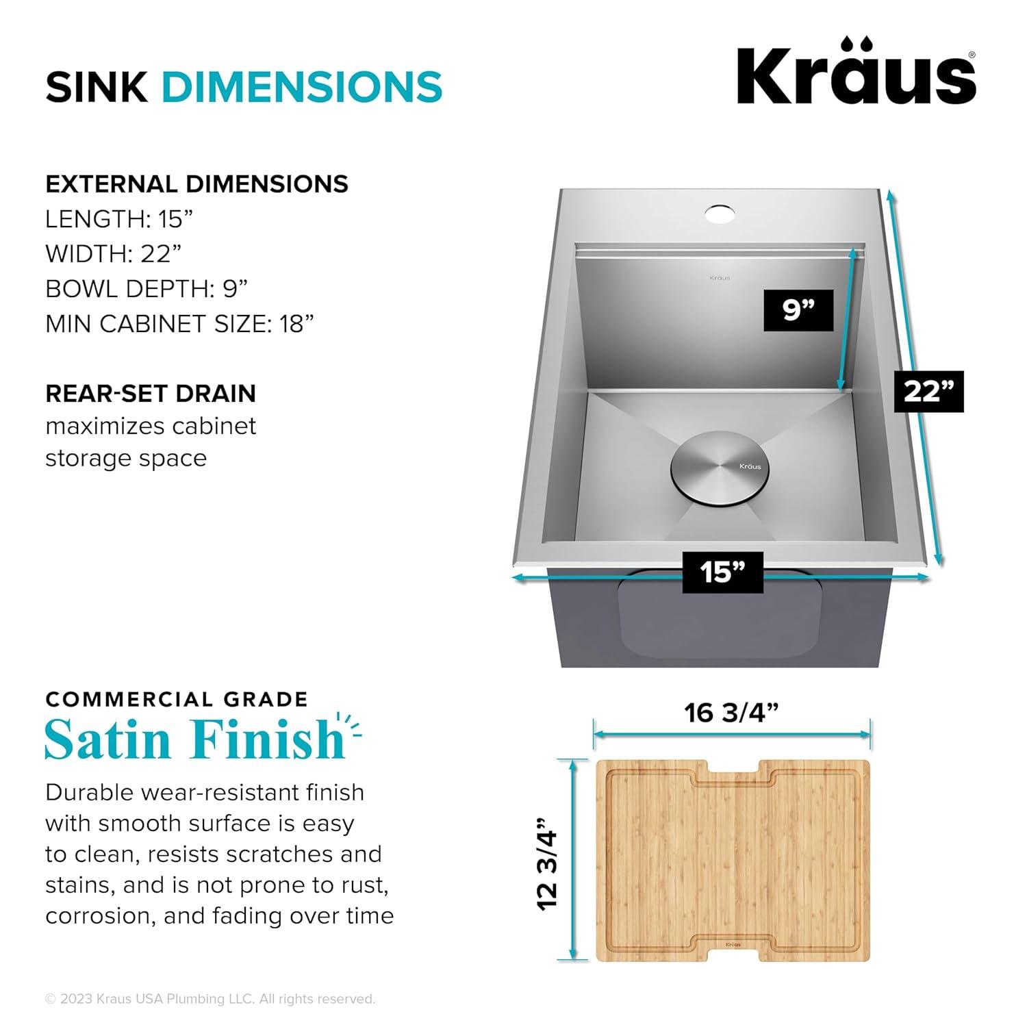 Kraus KWT311-15 KRAUS® Kore 15" Drop In / Top Mount Workstation 16 Gauge Single Bowl Stainless Steel Bar Kitchen Sink with Accessories